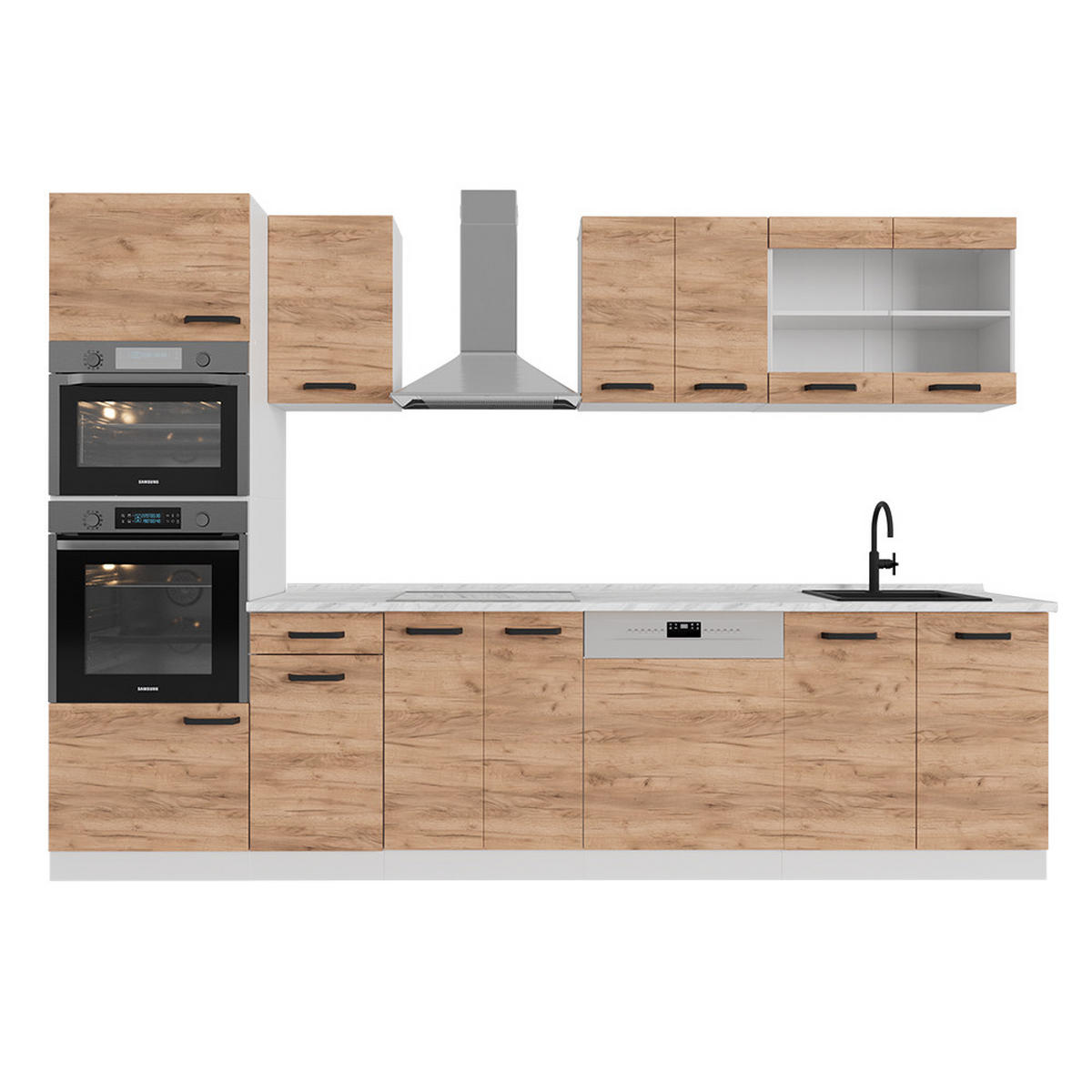 KÜCHENZEILE R-Line Goldkraft Eiche/Weiß 300 cm ohne Arbeitsplatte - Honigeiche/Eiche Wotan, Holzwerkstoff (300/81.6/46cm) - Vicco