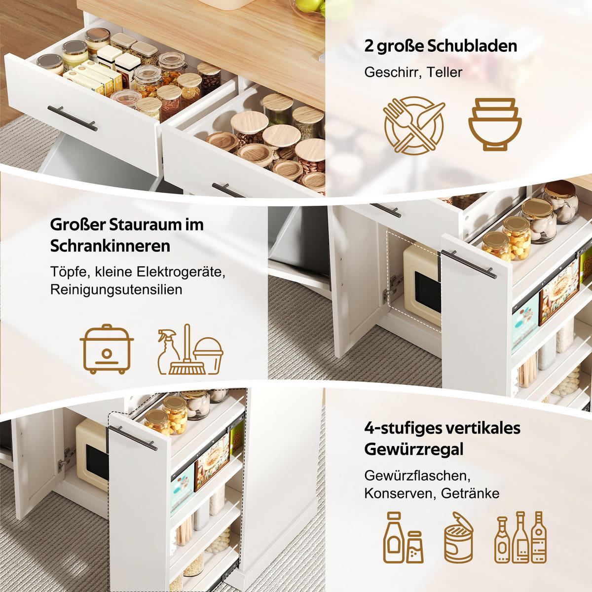 KÜCHENINSEL 120/45(70)/93 cm Weiß mit Müllschrank, 4-stufigem Gewürzregal und 2 Schubladen - Weiß, Holz/Holzwerkstoff (70/93.5/120cm) - Oxeza