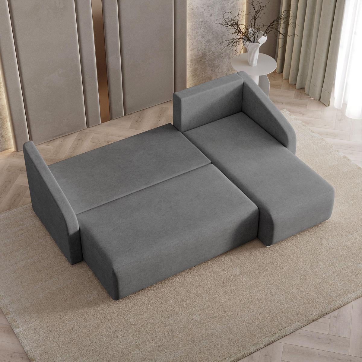 ECKSOFA MARELLO Grau Geflochtener Stoff mit Schlaffunktion - Grau, Holz (220/143cm) - MASSENO