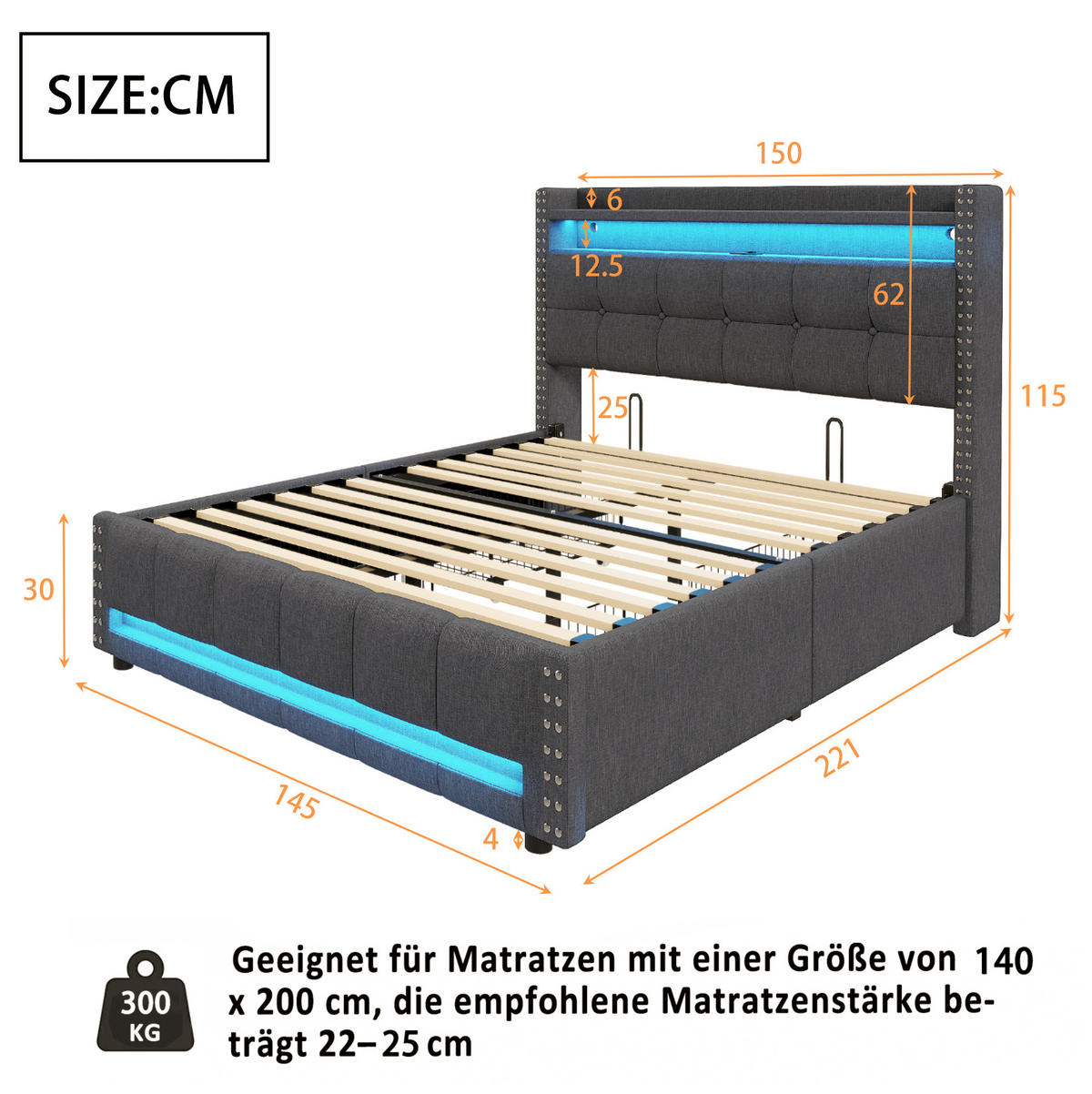 POLSTERBETT 140/200 cm grau mit LED-Beleuchtung und USB-Steckdose - Grau, Textil (140/200cm) - OKWISH