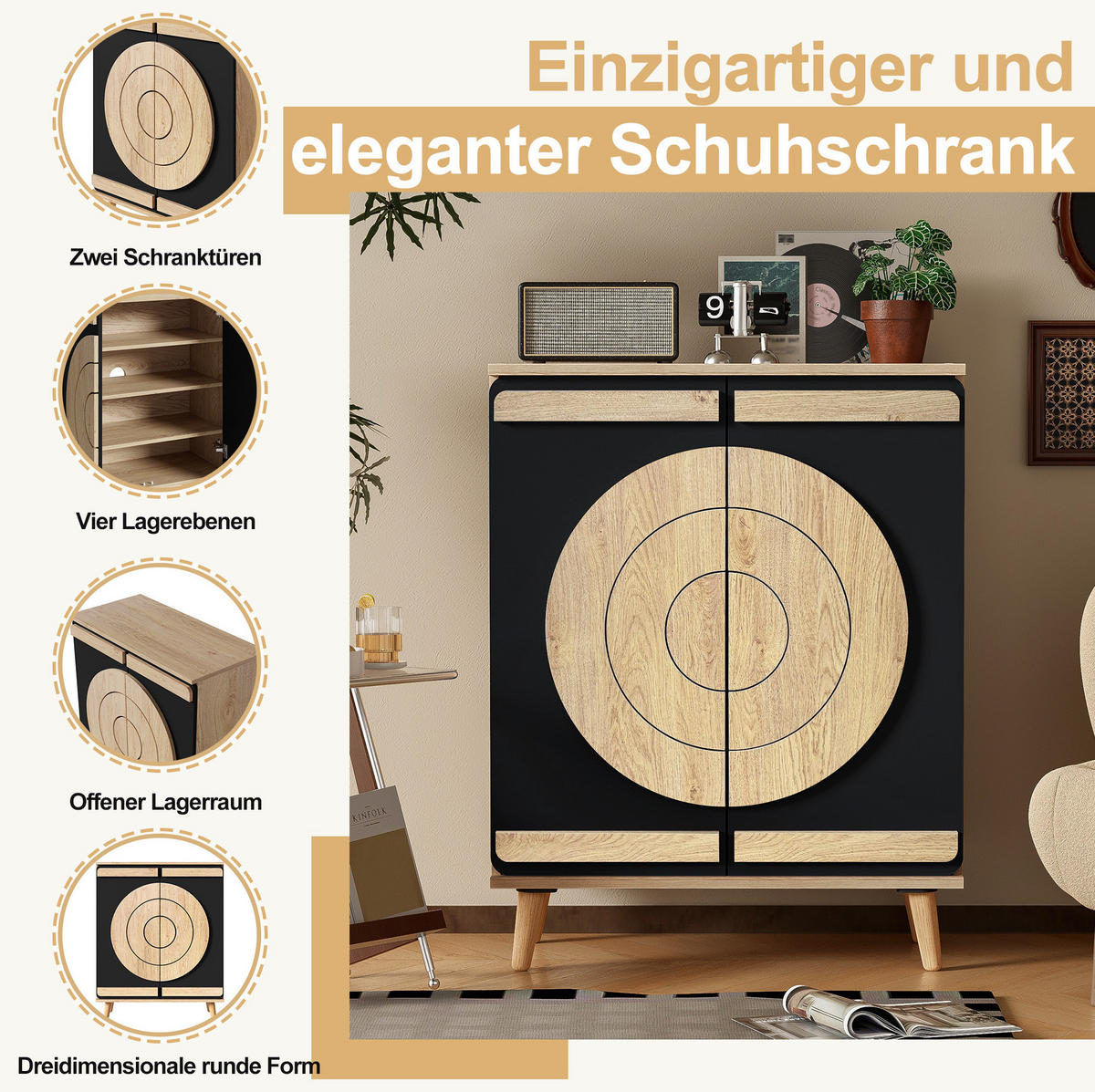 SCHUHSCHRANK 76/37/98,5 cm mit mehrstufigem Stauraum und geometrischen Türen, Schwarz/Natur - Schwarz, Holzwerkstoff (76/98.5/37cm) - Redom