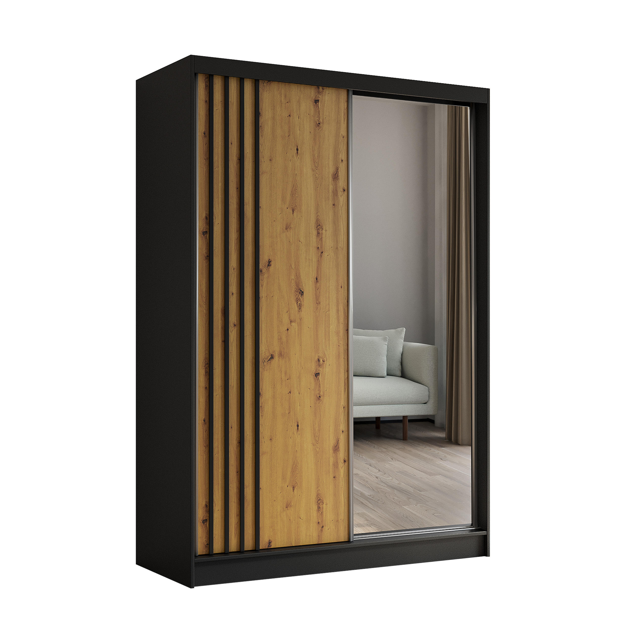 KLEIDERSCHRANK mit Spiegel-Schiebetüren und Aluminium-Leisten - NALLA - 150 cm Schwarz+Artisan+Schwarz - Schwarz/Eiche Artisan, Holzwerkstoff (150/216/61cm) - ALTDECOR