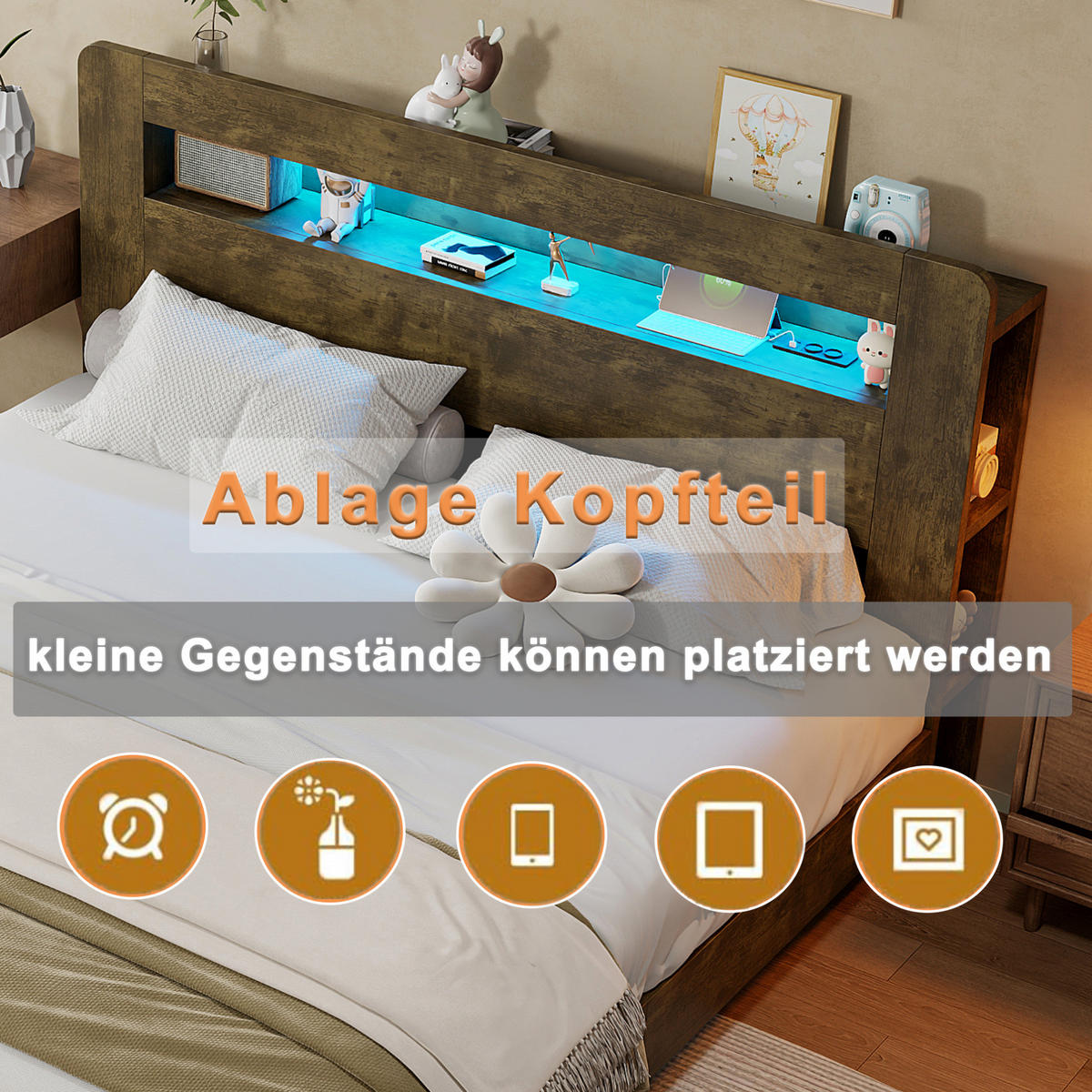 MULTIFUNKTIONSBETT 140x200 cm in Vintage-Holzoptik mit LED-Beleuchtung und Steckdosen - Naturfarben, Holz (140/200cm) - IVMEU