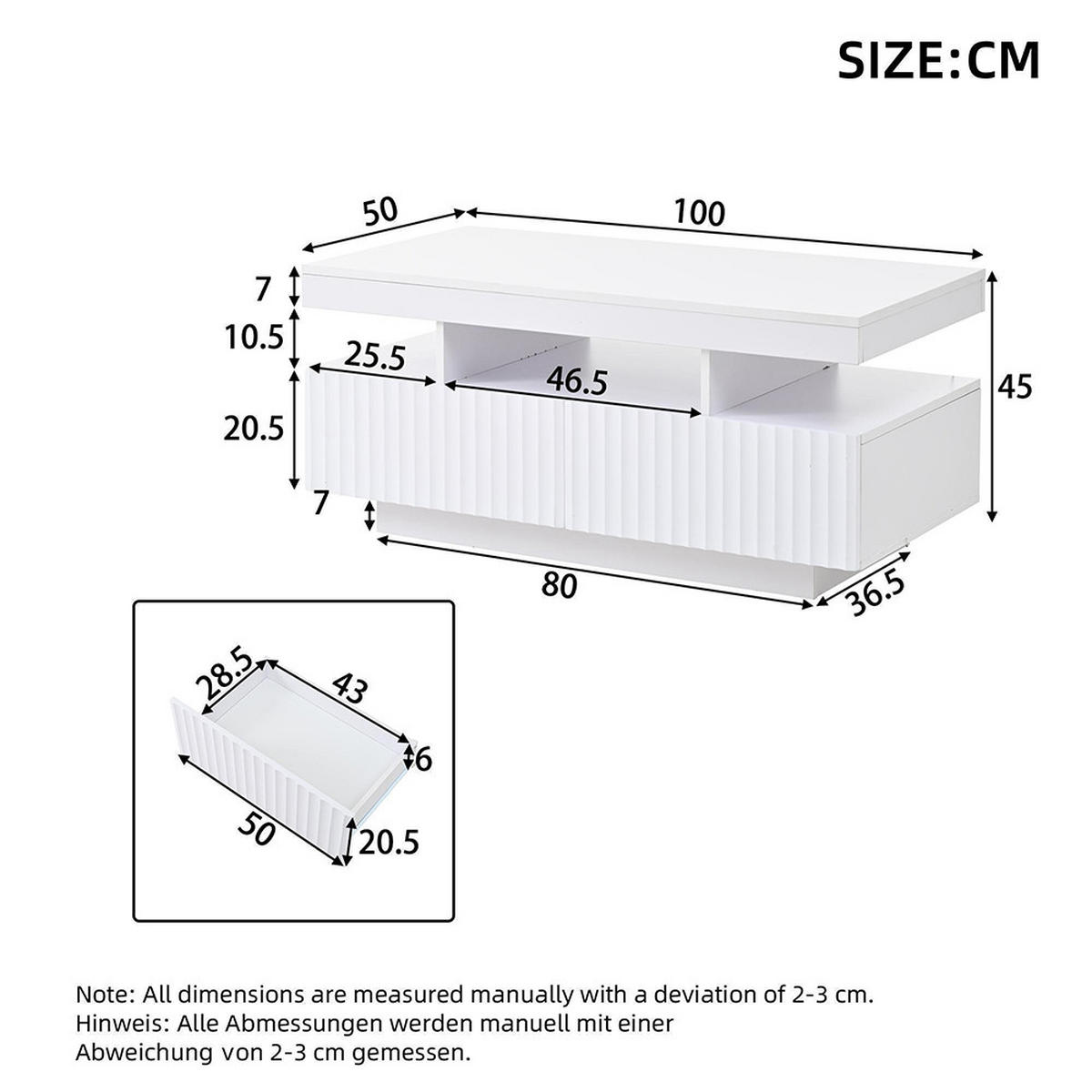 STOLIĆ ZA SPAVACU SOBU 100x50x45cm s dvije ladice, bijela - bijela, drvni materijal (100/50/45cm) - KOMHTOM