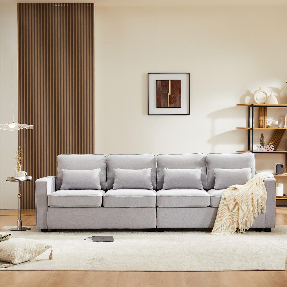 4-SITZER SOFA Leinen Grau mit Armlehnentaschen und 4 Kissen - Hellgrau, Holzwerkstoff/Kunststoff (264/87/83cm) - WISHDOR