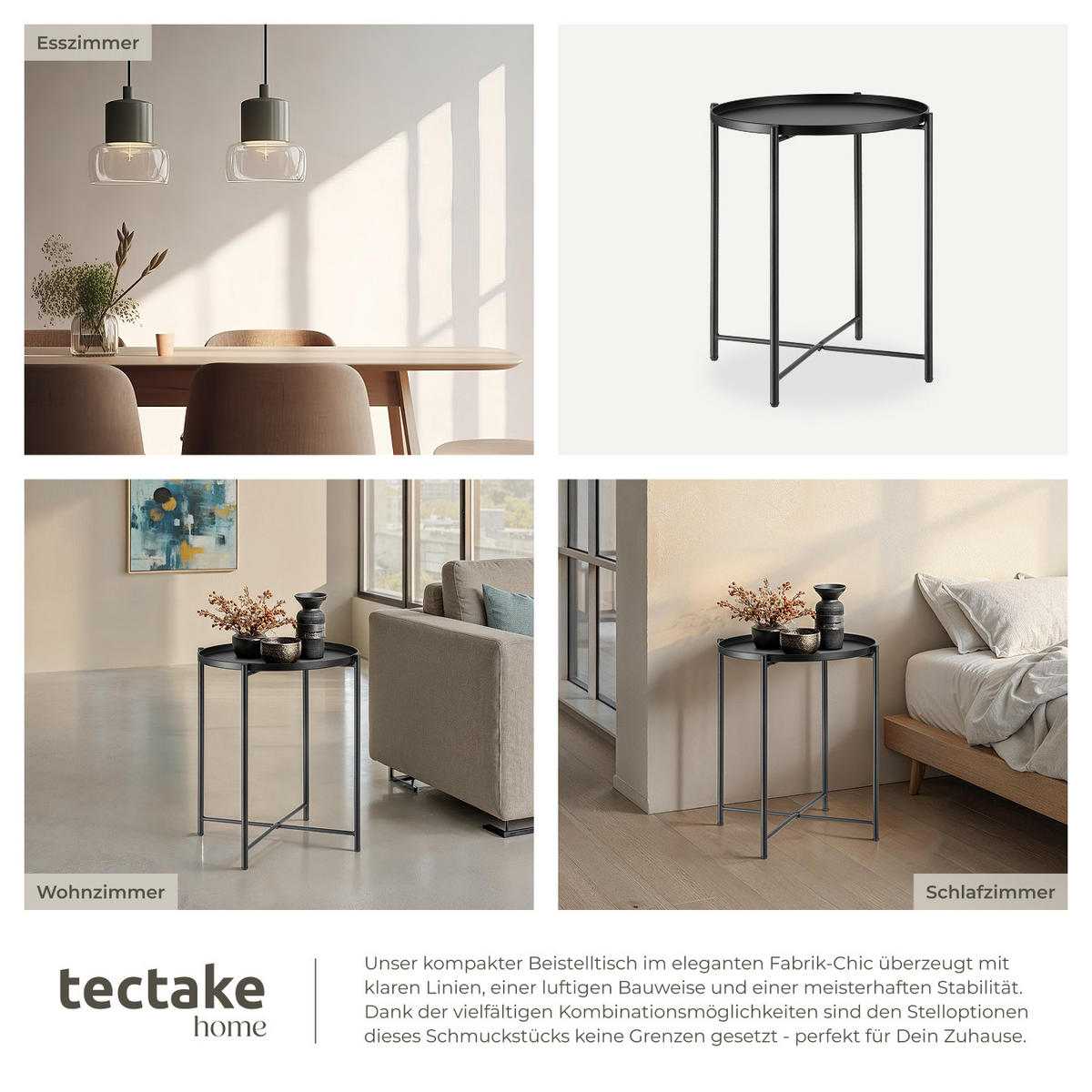 BEISTELLTISCH Chester,45,5 x 45,5 x 53 cm,schwarz - Schwarz, Metall (45.5/45.5/53cm) - tectake