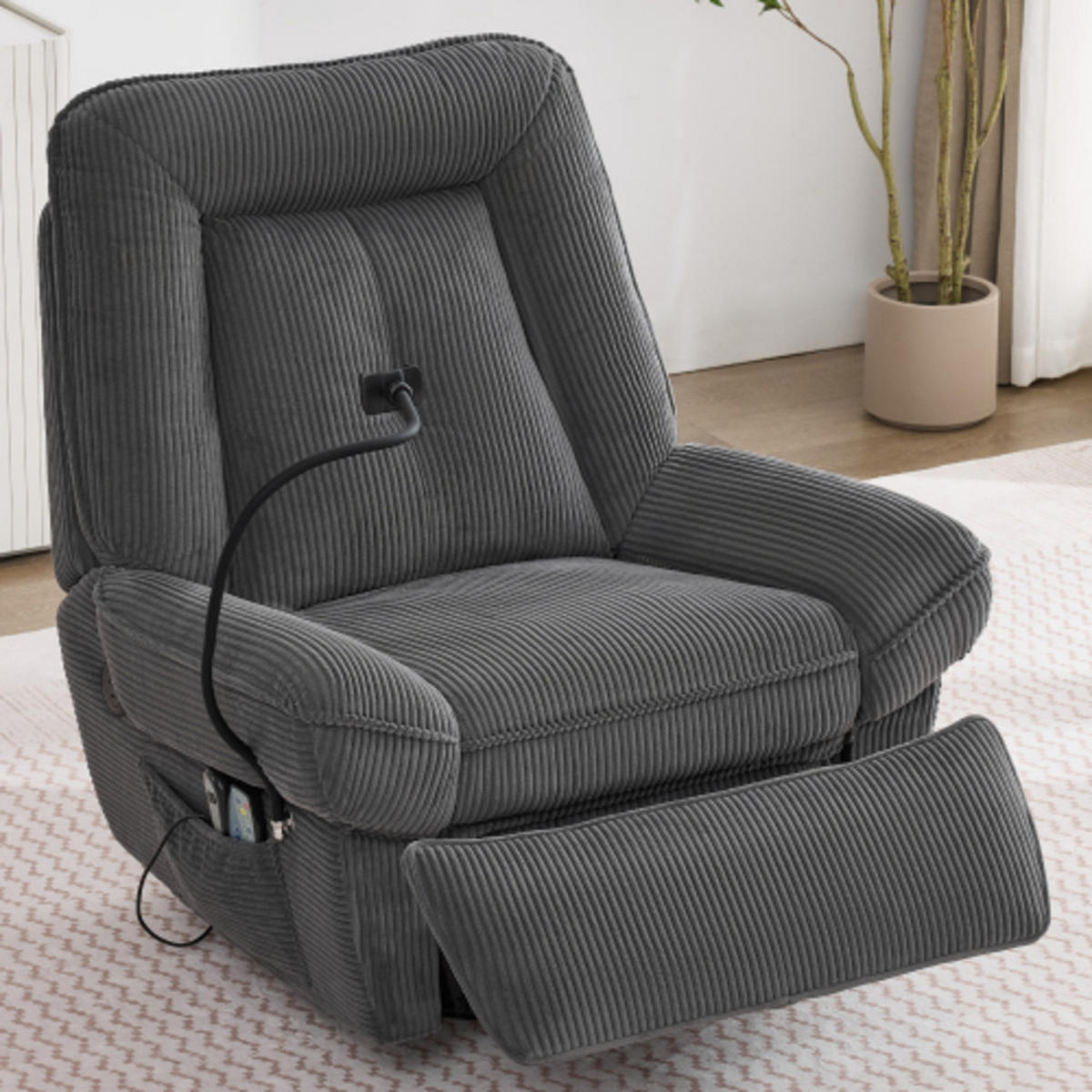 MASSAGESESSEL Relaxsessel 92x91x104 mit Dreh- und Schaukelfunktion und Heizvibration, USB Anschluss, grau - Grau, Textil (91/104/92cm) - Luhomfu