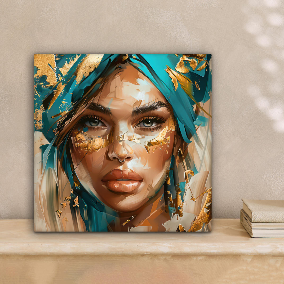 OBRAZ NA PLÁTNE Žena - Portrét - Zlato - Luxus - Modrá 20x20 cm - tyrkysová, textil (20/20cm) - MuchoWow