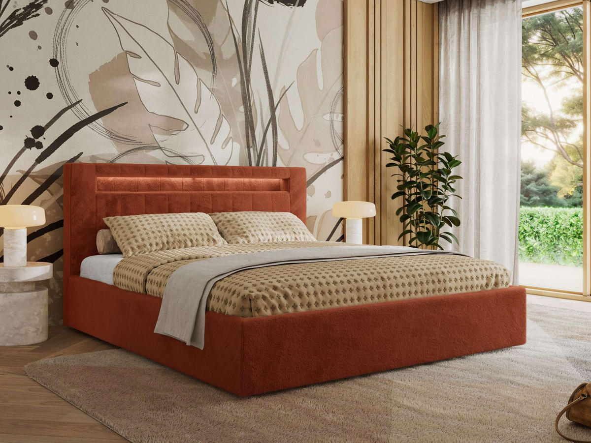 POLSTERBETT GOLD 5 CLASSIC 160/200 - Orange Plüsch - Schaum-Matratze - Orange, Textil (160/200cm) - MKS