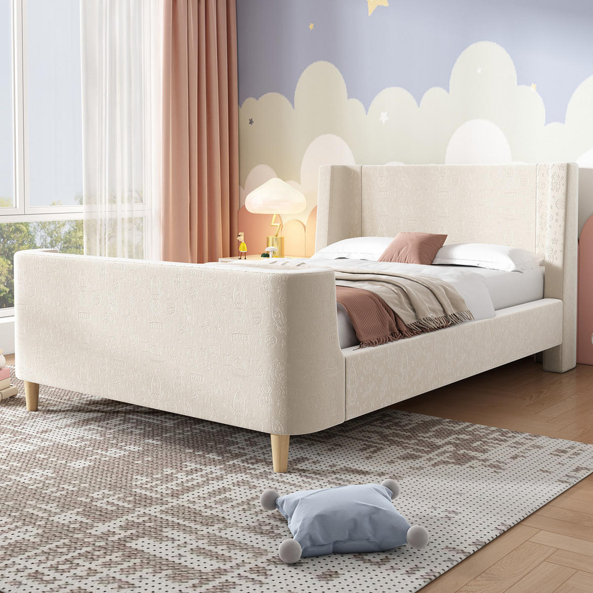 KINDERBETT 90x200cm Schlittenbett Kosmisches Muster Samt Beige - Beige, Holz - FLIEKS