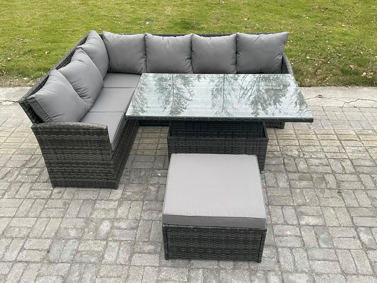GARTENMÖBEL SET Polyrattan 7-Sitzer - Dunkelgrau/Grau, Glas/Kunststoff - Fimous