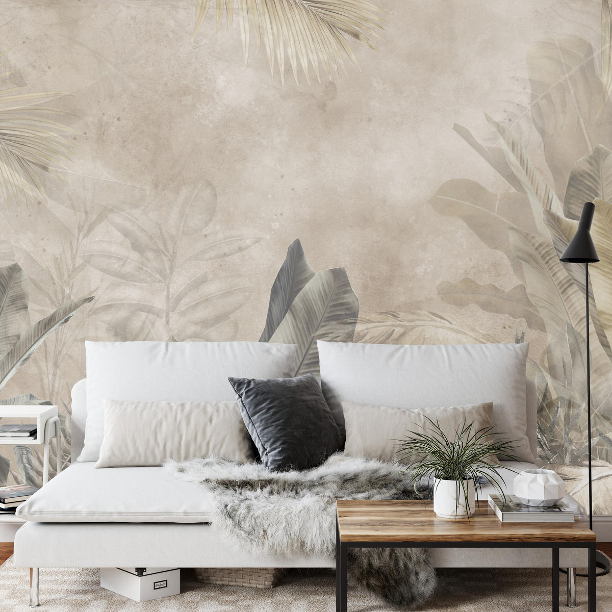 FOTOTAPETE für Schlafzimmer Bananenblätter auf Beton Tropisch Beige 150x105 - Beige/Braun, Papier (150/105cm) - Muralo