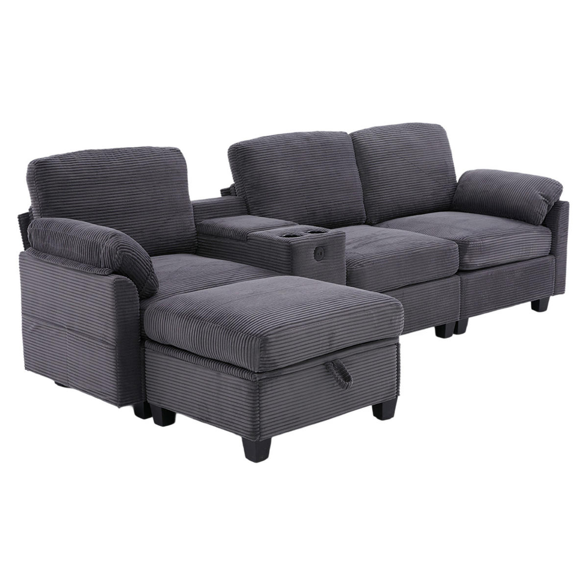 ECKSOFA aus Cord 266x136x82 cm Dunkelgrau mit USB-C-Anschluss, verschiebbarer Mittelkonsole und Stauraumhocker - Dunkelgrau, Textil (136/266cm) - Modfu
