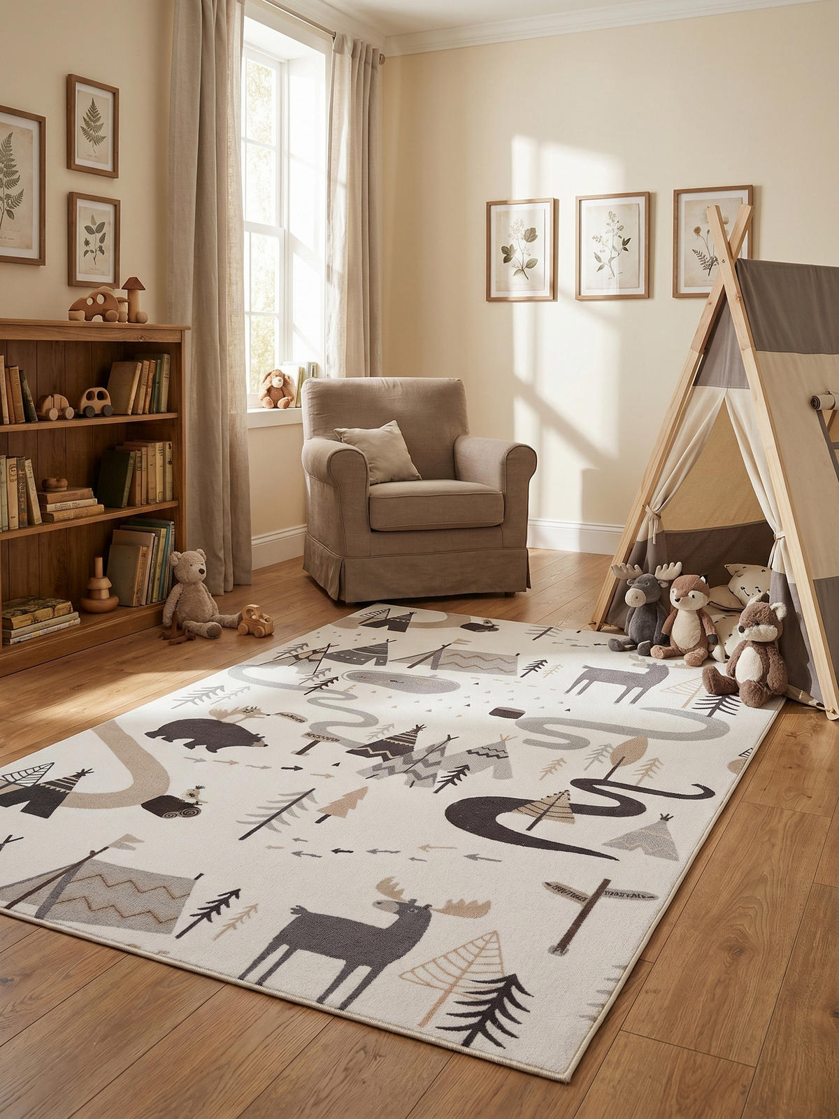 SPIELTEPPICH Waschbar TINO in Creme, mit Waldtier-Motiv, 140 x 200 cm - Beige, Textil (200/140cm) - KADIMA DESIGN