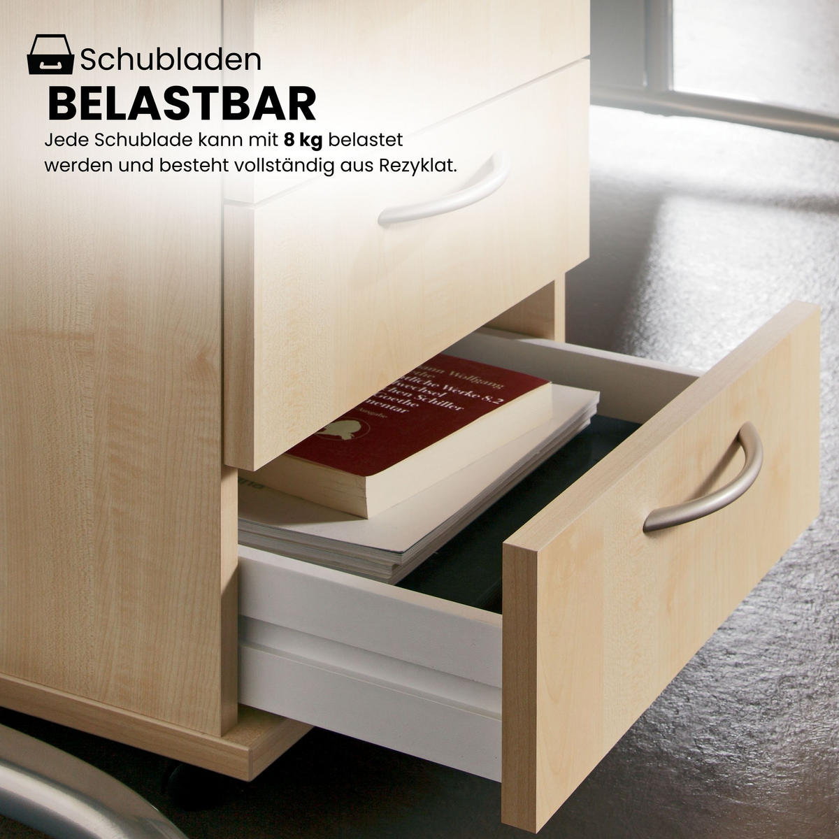 ROLLCONTAINER - mit 3 Schubladen 58/42,8/59 cm in Ahornfarben Bogengriff (Kunststoff) - Ahornfarben, Holzwerkstoff (42.8/59/58cm) - bümö