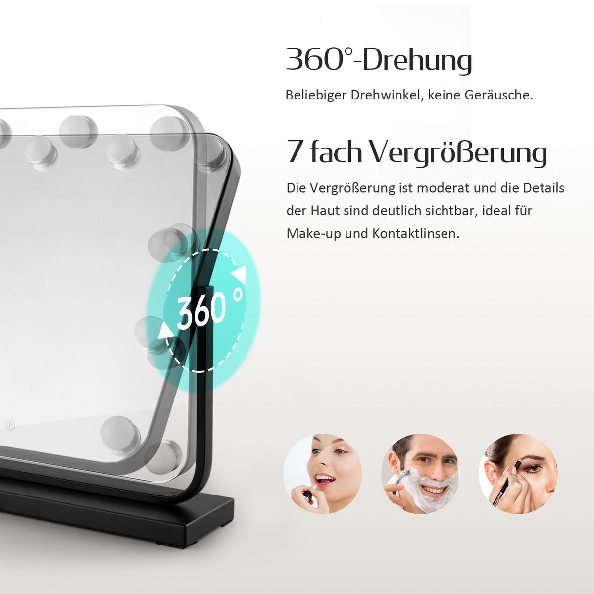 KOSMETIKSPIEGEL mit Beleuchtung, Schwarz, 60/52 cm - Schwarz, Glas (52/11.8/60cm) - EMKE