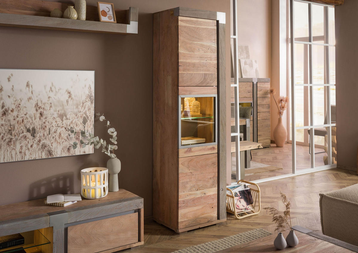 VITRINE Akazie 55x45x204 beige lackiert Amsterdam #120 - Beige, Holz (55/204/45cm) - Massivmoebel24