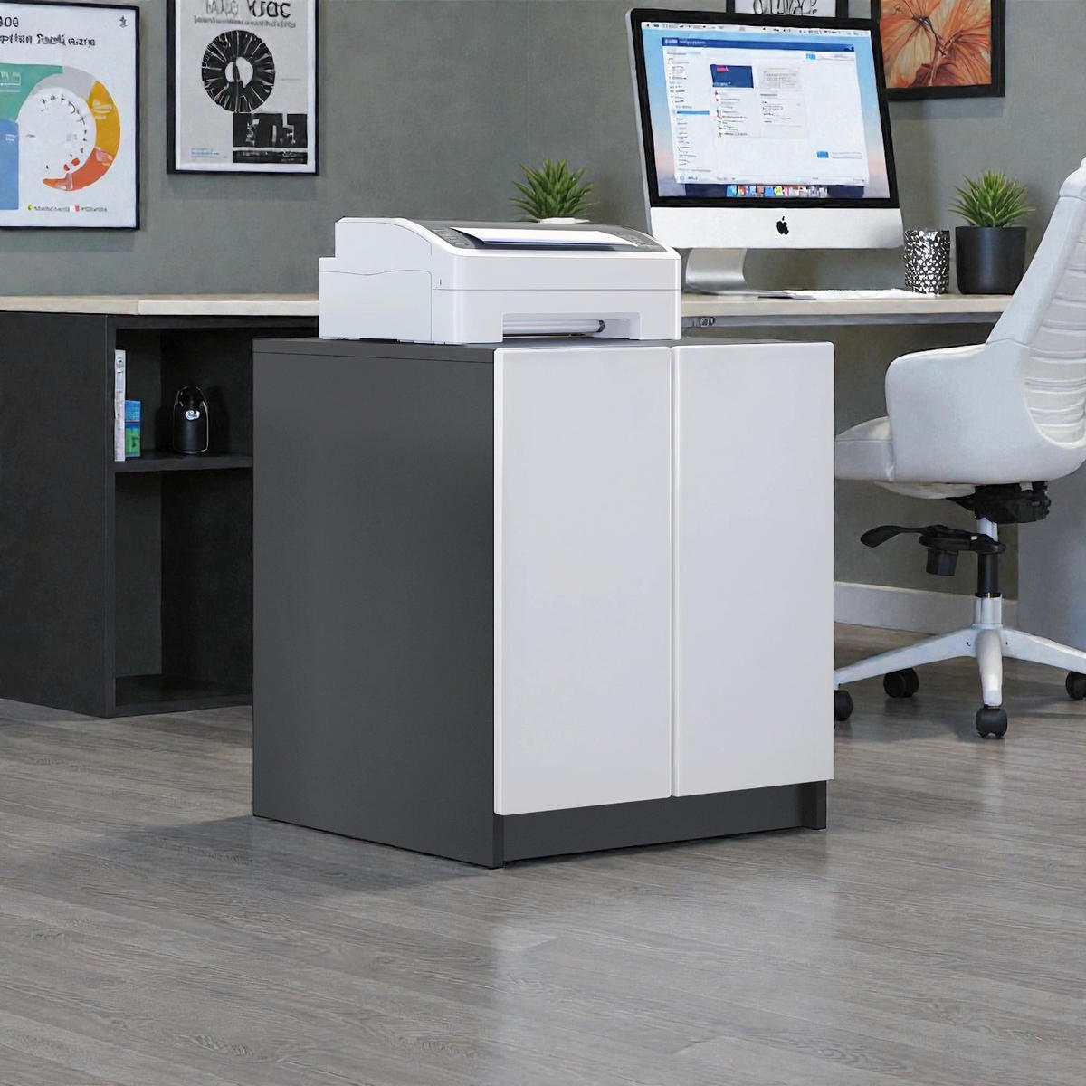 DRUCKERSCHRANK Elona, Druckerkommode mit Soft-Close & Push-to-Open, Home Office & Büro, Schwarz/Weiß matt (51 x 60,5 x 54 cm) - Weiß, Holzwerkstoff (51/60.5/54cm) - InnoFurn