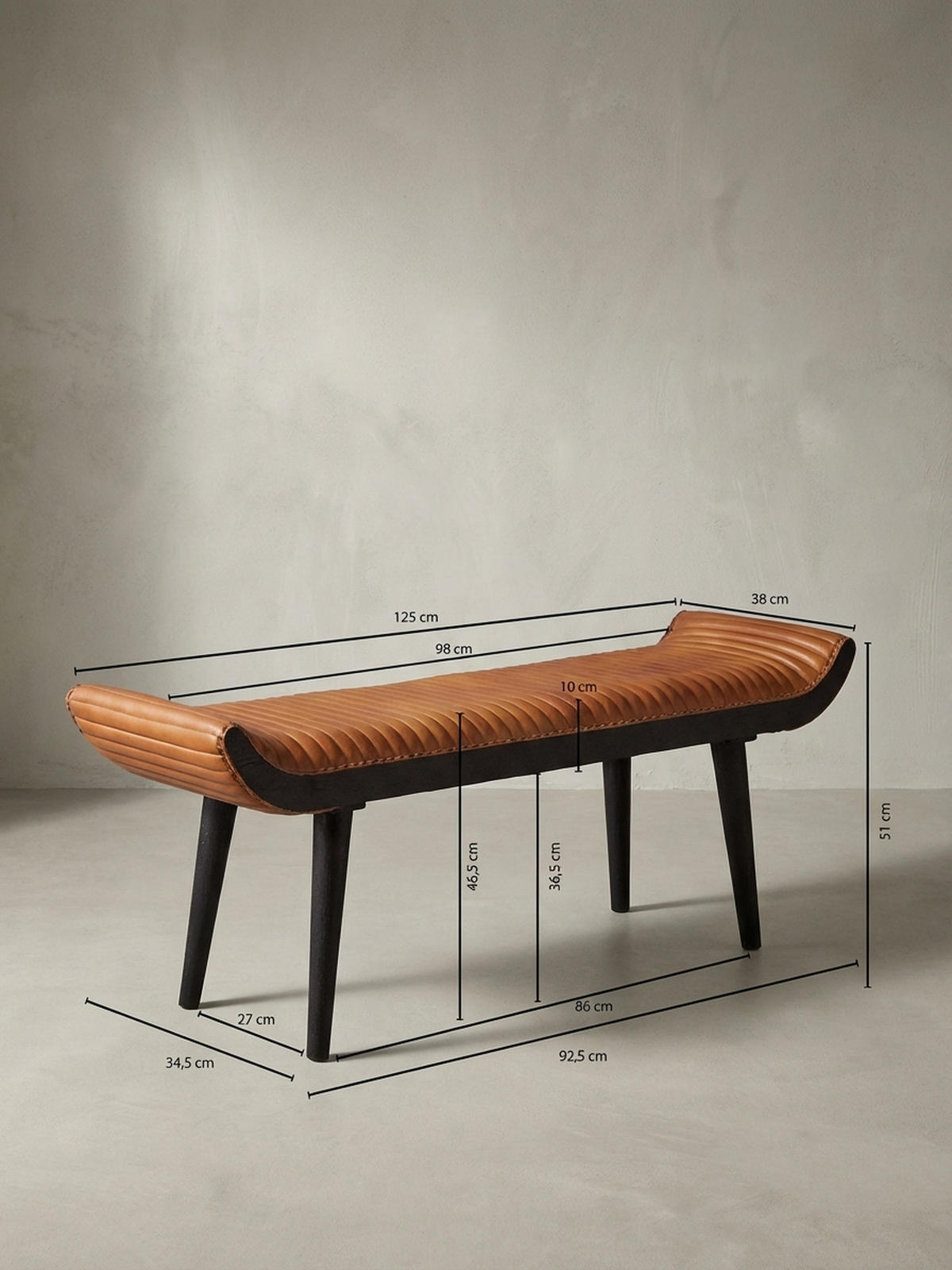SITZBANK – Echtleder, 125x51x38 cm, Nietenrand, Massivholzbeine - Schwarz/Braun, Mangoholz/Leder (125/51/38cm) - KADIMA DESIGN