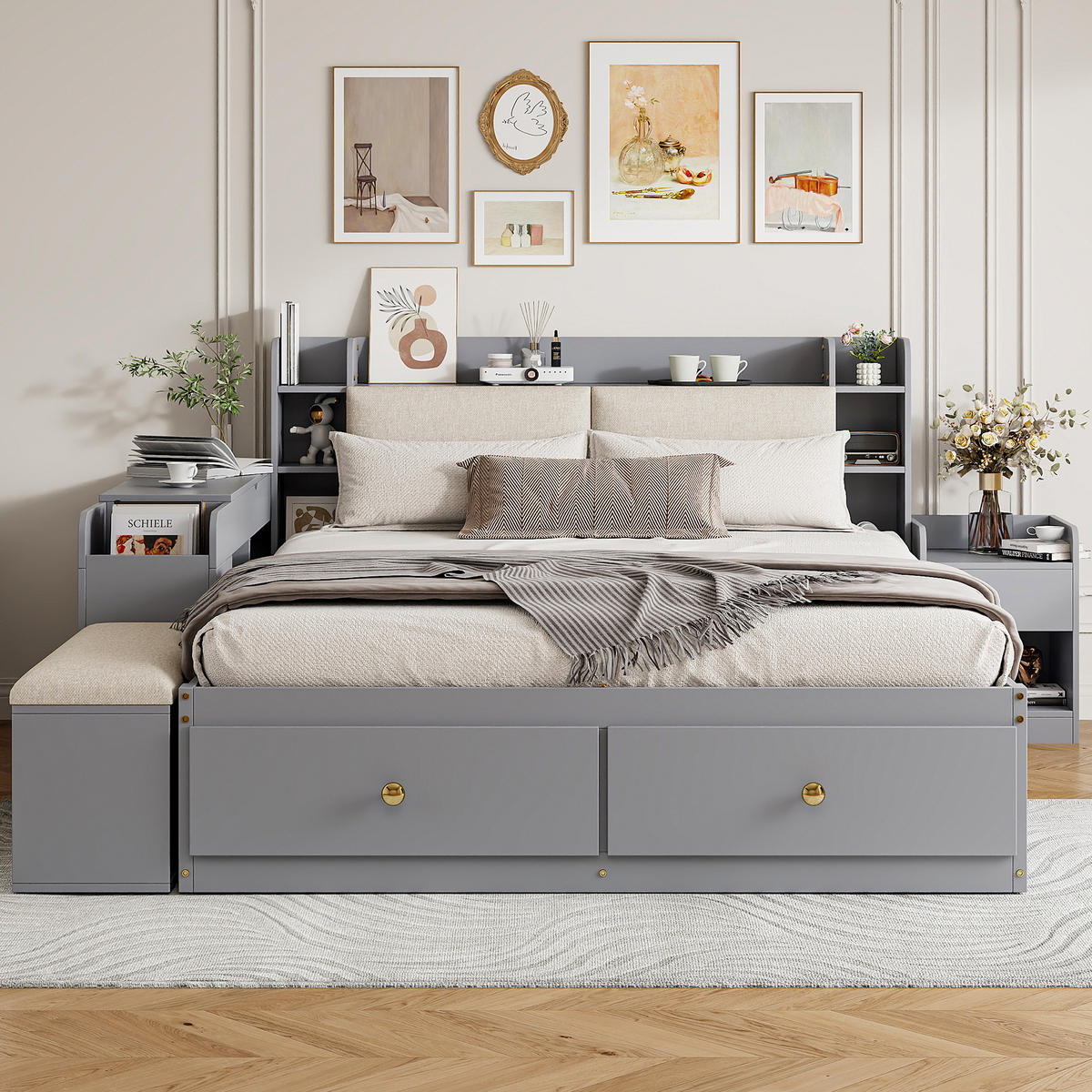 KOMBIBETT Massivholz 140/200 cm grau mit gepolstertem Kopfteil und Stauraum - Grau, Holz (140/200cm) - OKWISH