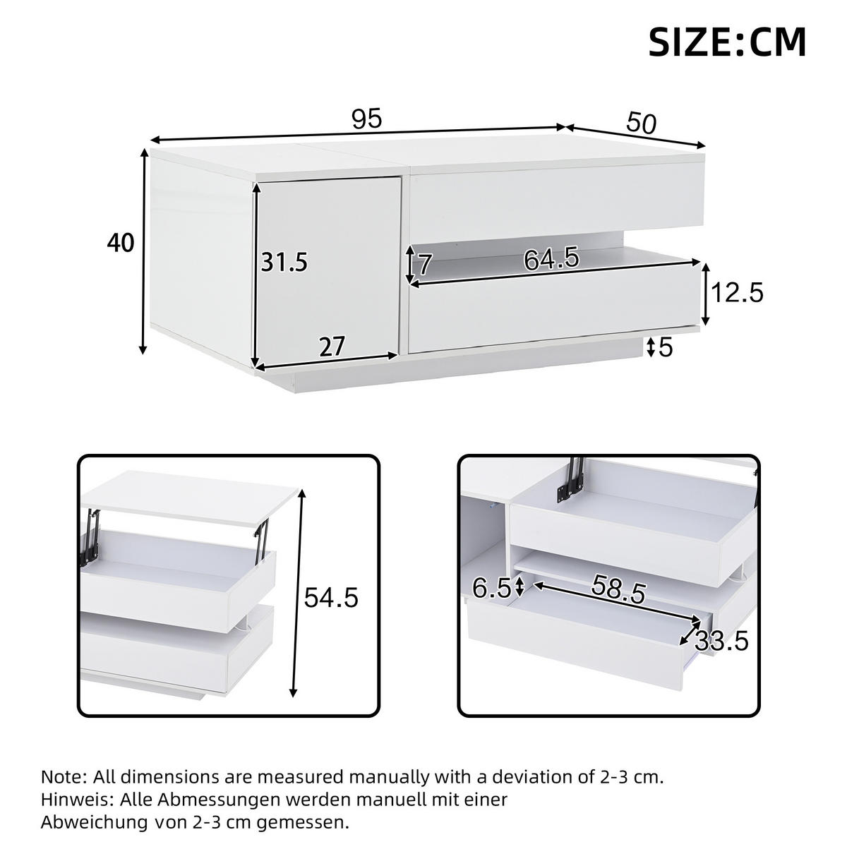 COUCHTISCH 90/50/34.5 cm weiß aus Spanplatte mit Hebefunktion und LED - Weiß, Holzwerkstoff (95/50/34.5cm) - OKMYHOME