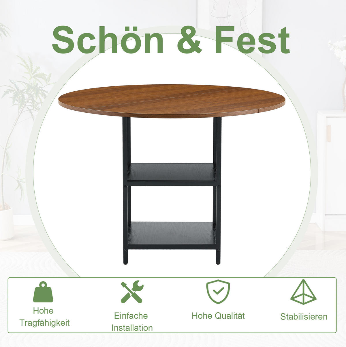 ESSTISCH 107/75 cm Schwarz/Walnuss aus MDF und Metall mit Ablage - Schwarz, Holzwerkstoff (107/107/75cm) - OKMYHOME