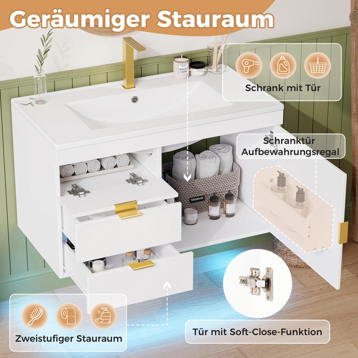 WASCHTISCHUNTERSCHRANK 76cm LED App Keramik Waschbecken Weiß - Weiß, Holzwerkstoff (76/51/46cm) - FLIEKS