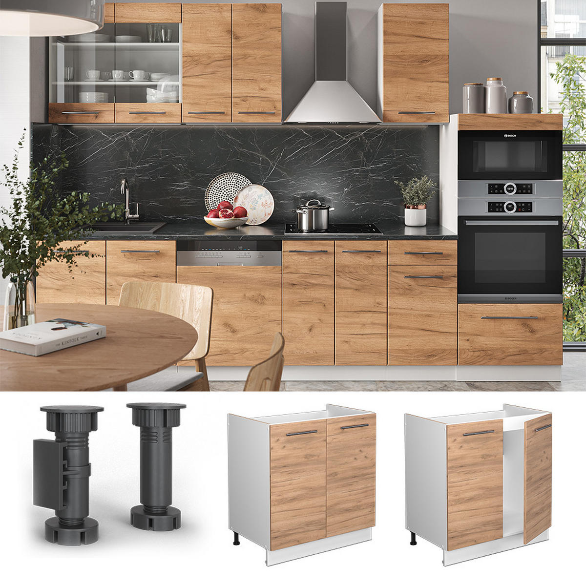 SPÜLENUNTERSCHRANK Fame-Line Goldkraft Eiche 80 cm, AP Marmor - Eiche Wotan/Weiß, Holzwerkstoff (80/82/60cm) - Vicco