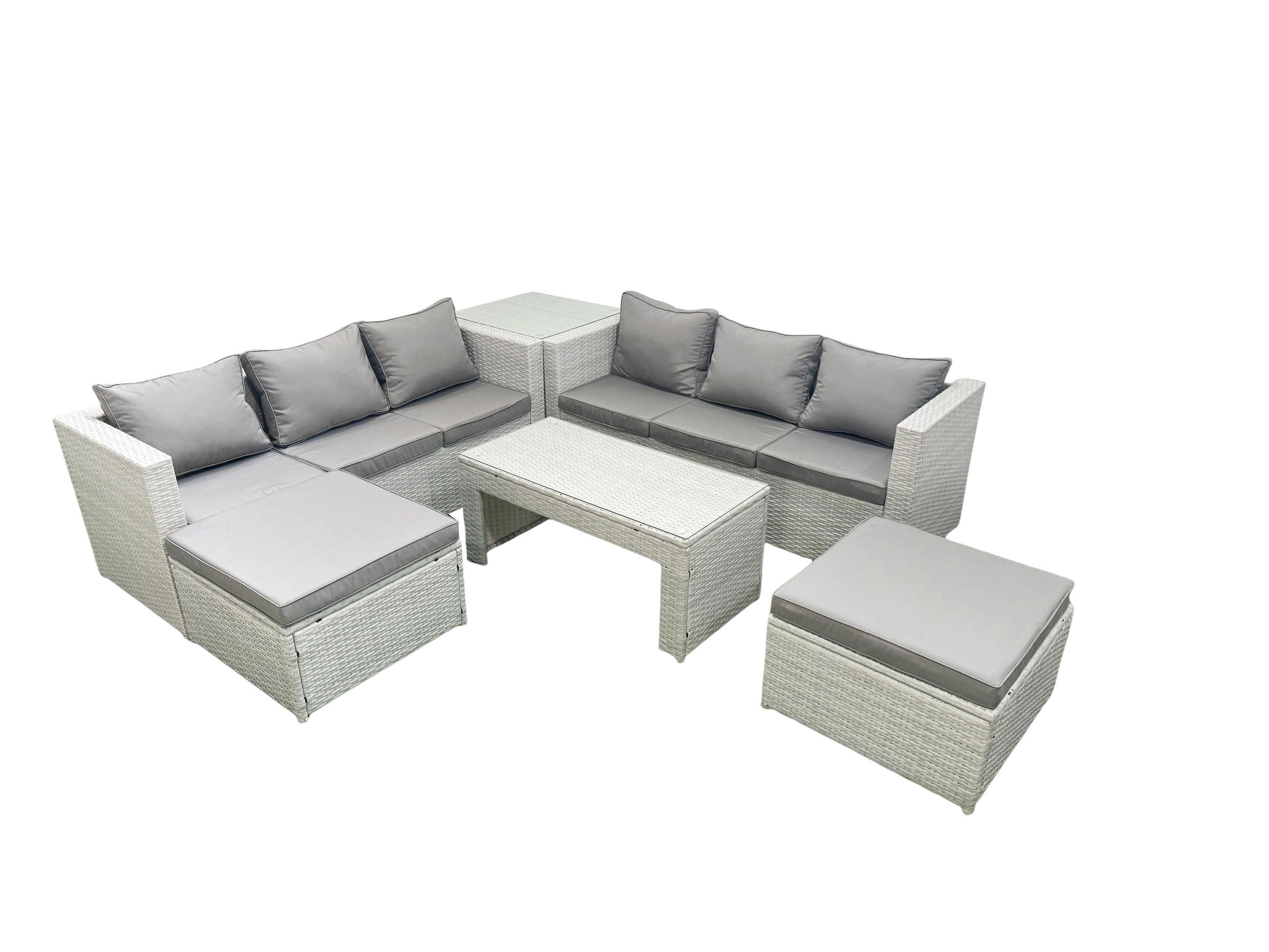 GARTENSOFA hohe Rückenlehne Polyrattan Hellgrau-Mix 8-Sitzer - Hellgrau/Grau, Glas/Kunststoff - Fimous