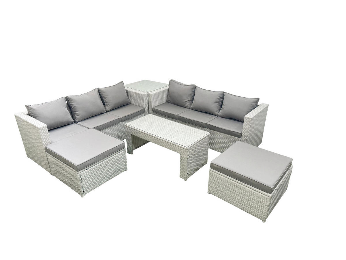GARTENSOFA hohe Rückenlehne Polyrattan Hellgrau-Mix 8-Sitzer - Hellgrau/Grau, Glas/Kunststoff - Fimous