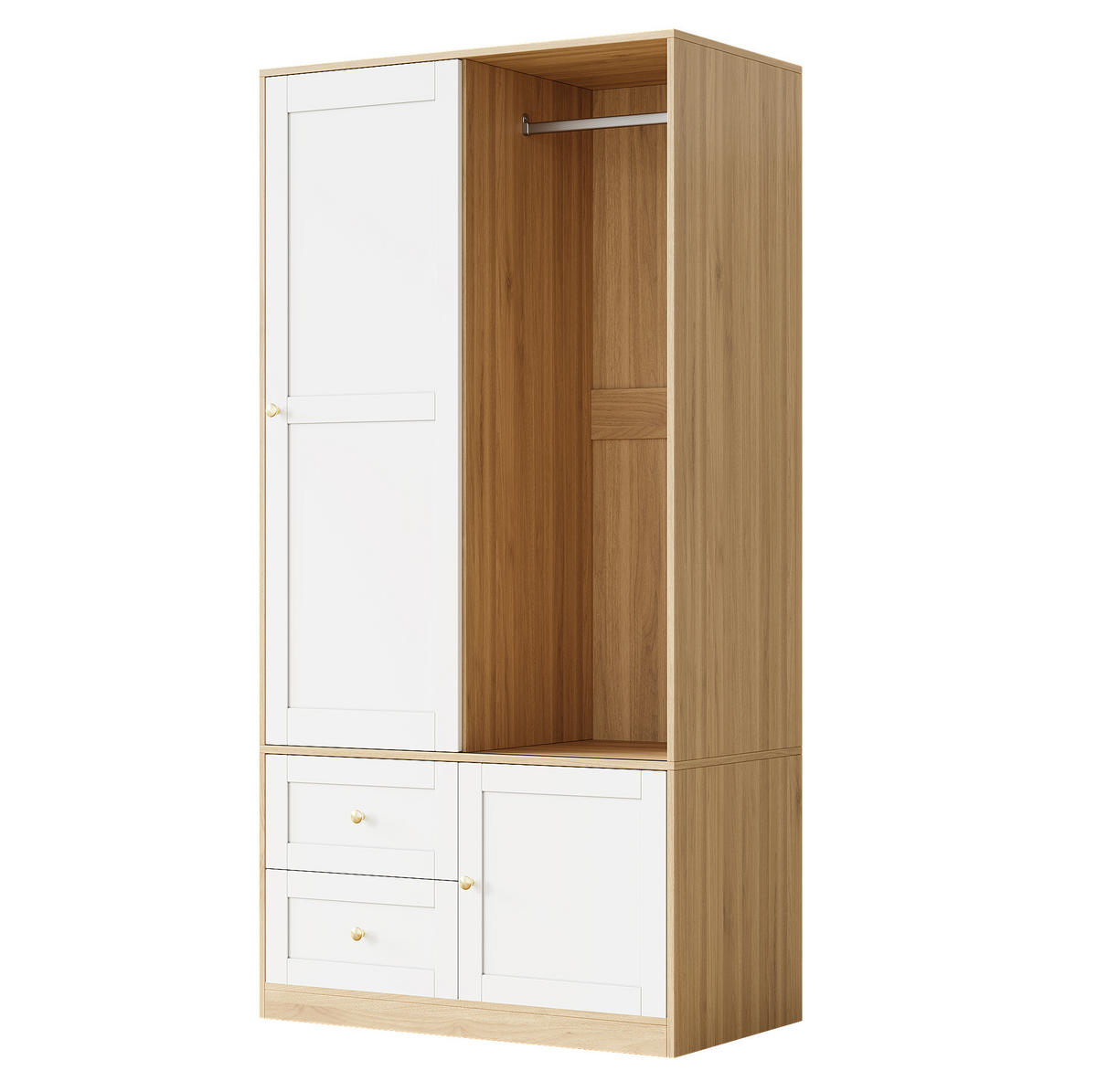 KLEIDERSCHRANK aus MDF 90x50x180 cm Natur/Weiß mit Schiebetür, Kleiderstange, Schubladen und Fächern - Naturfarben, Holzwerkstoff (90/180/50cm) - Modfu