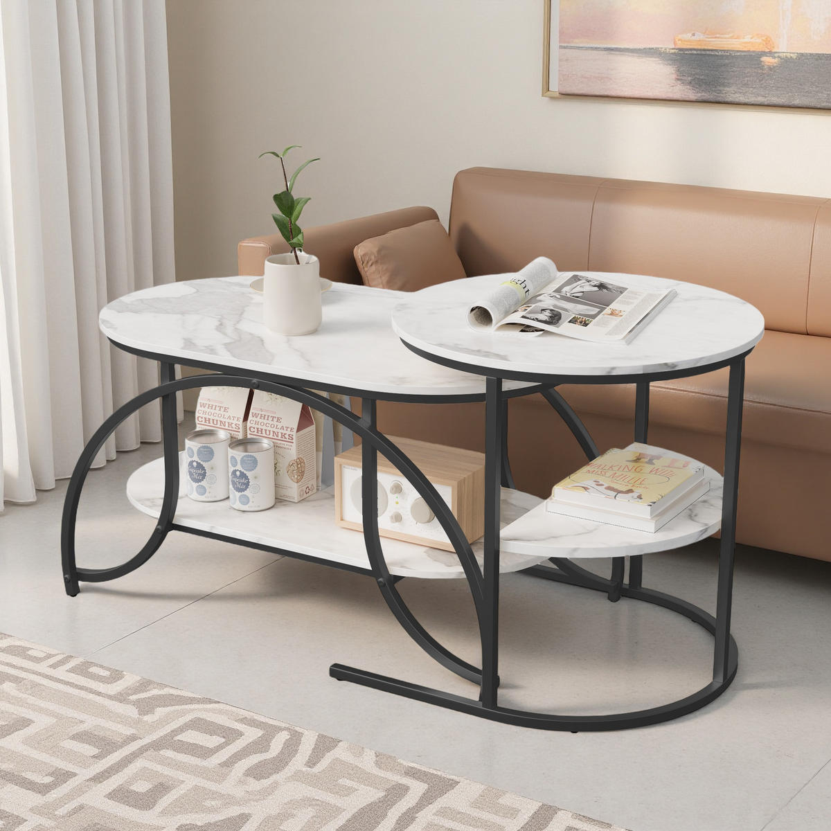 COUCHTISCH-SET Marmoroptik Weiß, Metallgestell Schwarz, 2er Set - Schwarz, Metall (80/46/51cm) - SHOPENTRA