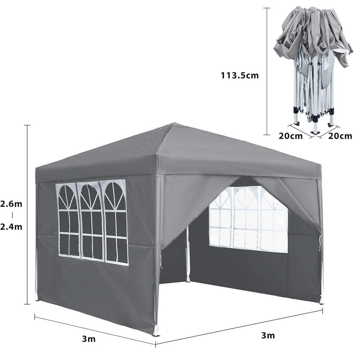 FALTPAVILLON 3x3m mit Seitenteilen und Fenstern Grau - Grau, Textil (300/260/300cm)