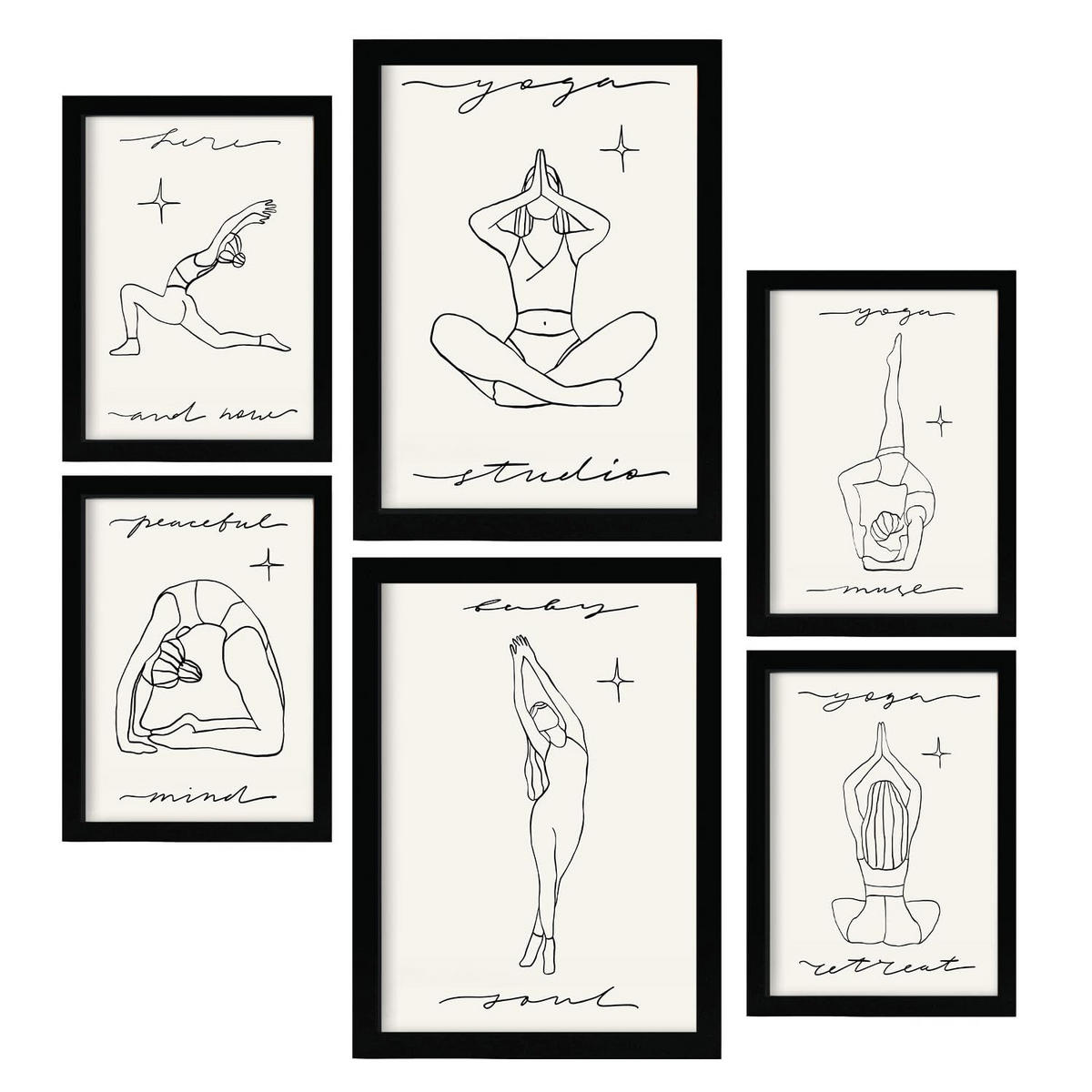 POSTER Set Mit 6 Yoga Musen 1 A3 & A4 Schwarzer Rahmen - Schwarz, Papier (29/3/42cm) - Nacnic