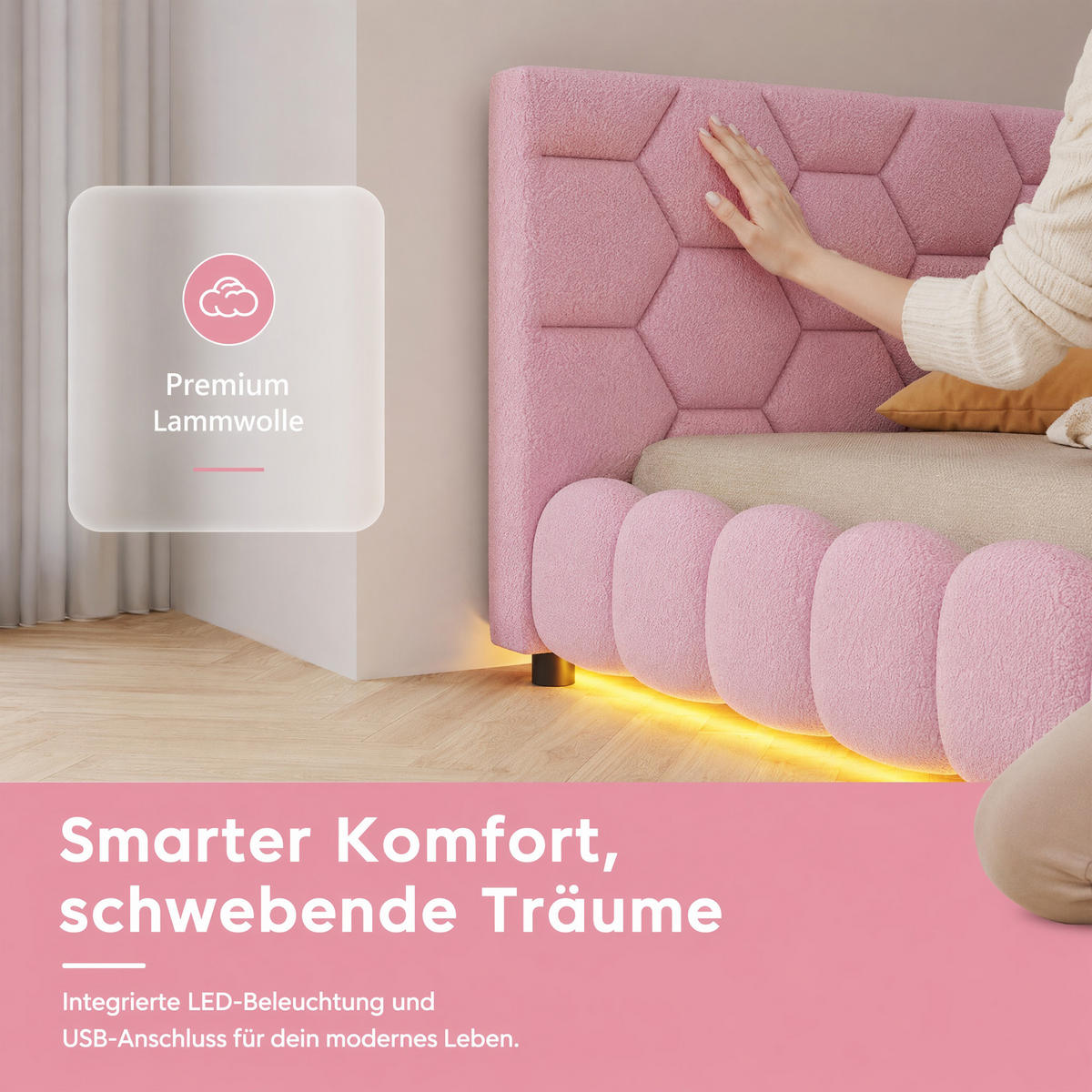 POLSTERBETT 140x200 mit USB und LED, Doppelbett 140x200 cm mit Lattenrost, Jugendbett, Samt, Rosa - Pink, Holz/Textil (140/200cm) - GENKI LIVING