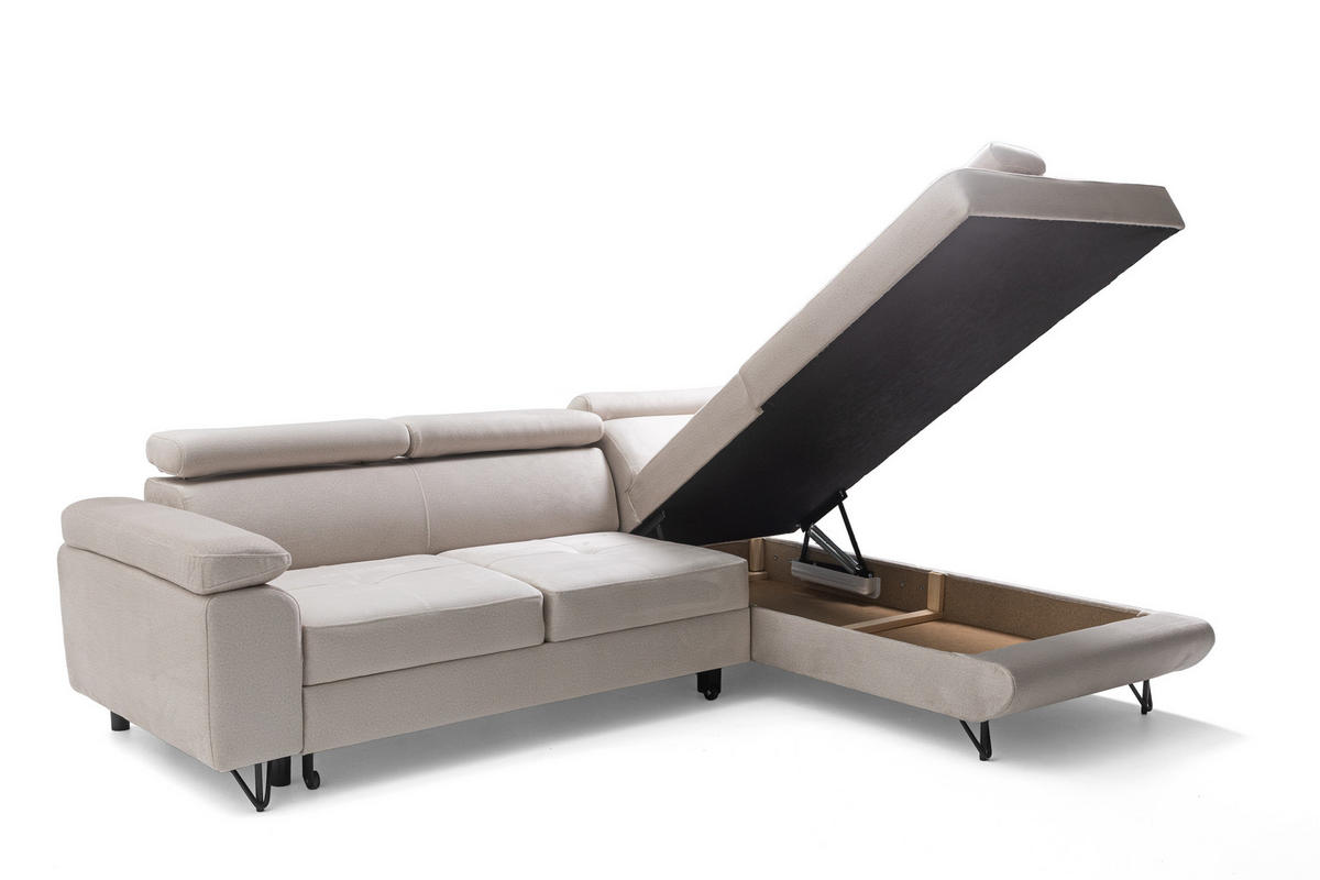 ECKSOFA JUNIOR L Rechts mit Schlaffunktion 194x128 Velours Creme - Creme/Schwarz, Holz/Textil (184/249cm) - Muffo