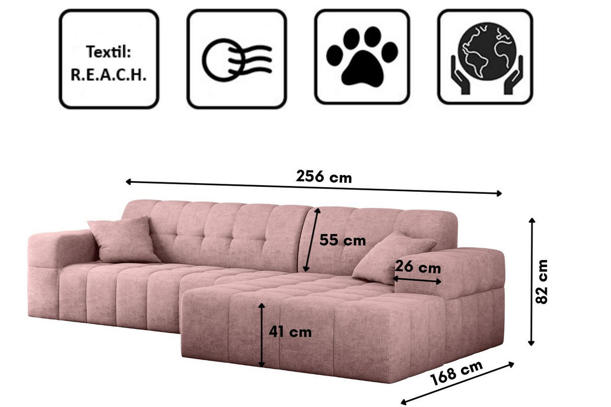 ECKSOFA NIMES Stoff Perfect Harmony Rosa Rechts - Rosa, Holz/Kunststoff (265/168cm) - Kaiser Möbel