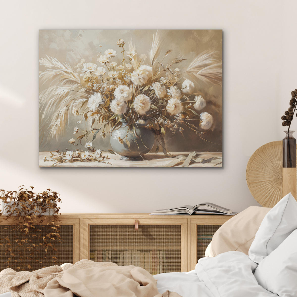 AKUSTIKPANEEL Blumen - Vase - Stilleben - Beige 80x60 cm - Creme, Textil (80/0.9/60cm) - MuchoWow