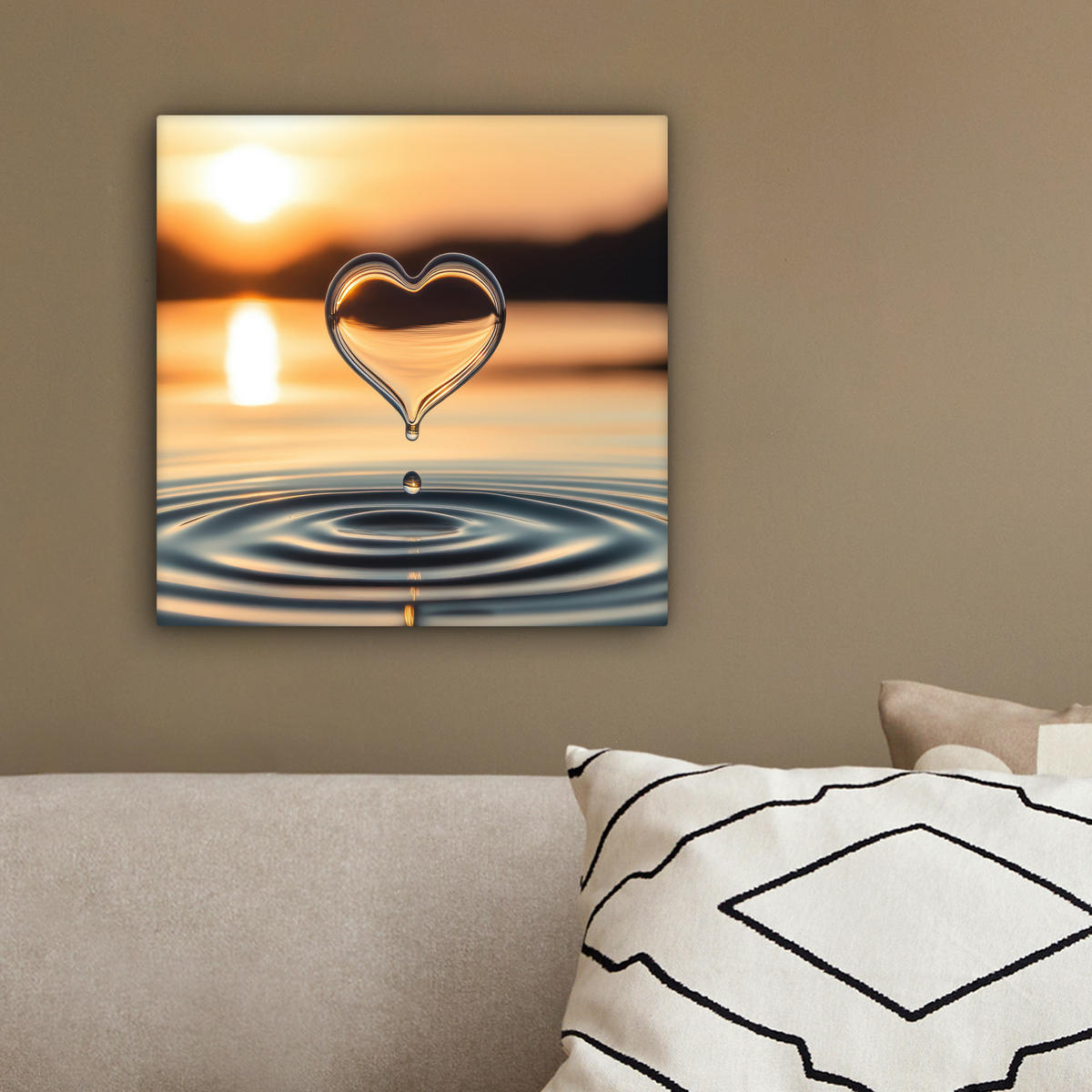 LEINWANDBILD - Herz - Wasser - Sonnenuntergang - Natur - Zen - 20x20 - Wandbilder - Bernsteinfarben, Textil (20/20cm) - MuchoWow