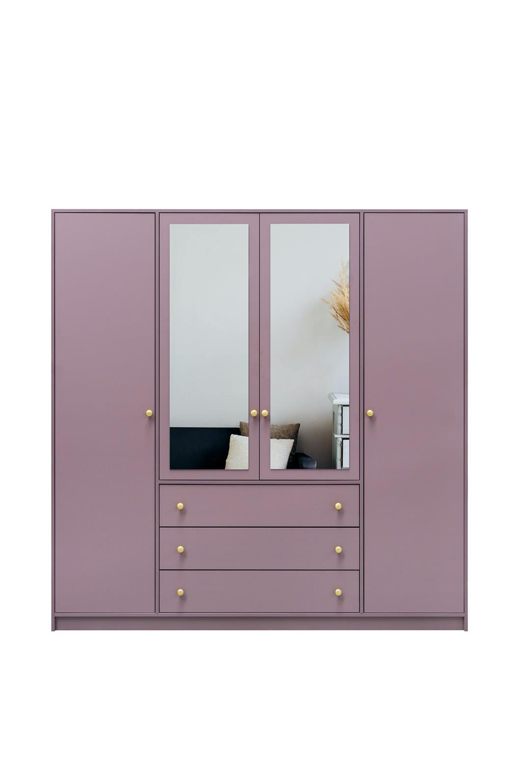 KLEIDERSCHRANK Rainbow Pflaume, viertüriger Drehtürenschränk mit Spiegel und Schubladen - Pflaume, Holzwerkstoff (196/200/58cm) - Bettso