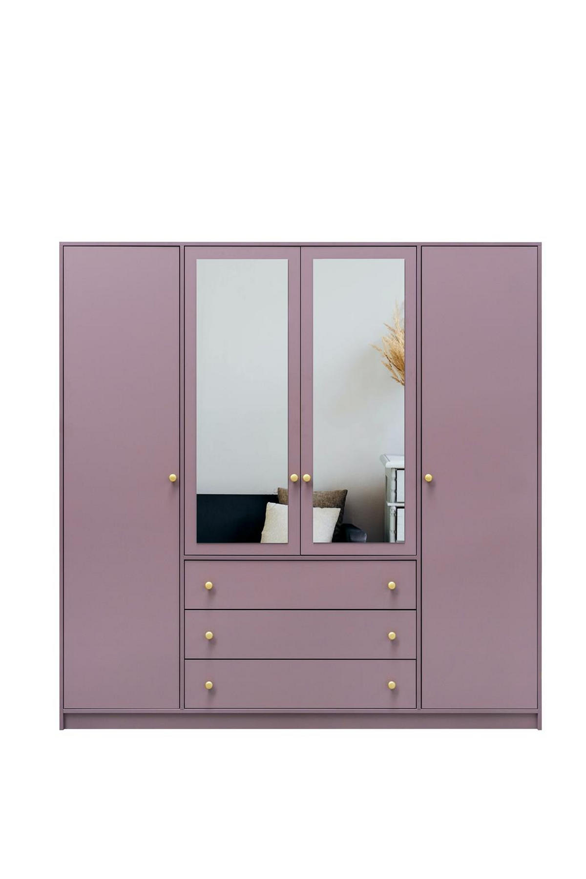 KLEIDERSCHRANK Rainbow Pflaume, viertüriger Drehtürenschränk mit Spiegel und Schubladen - Pflaume, Holzwerkstoff (196/200/58cm) - Bettso