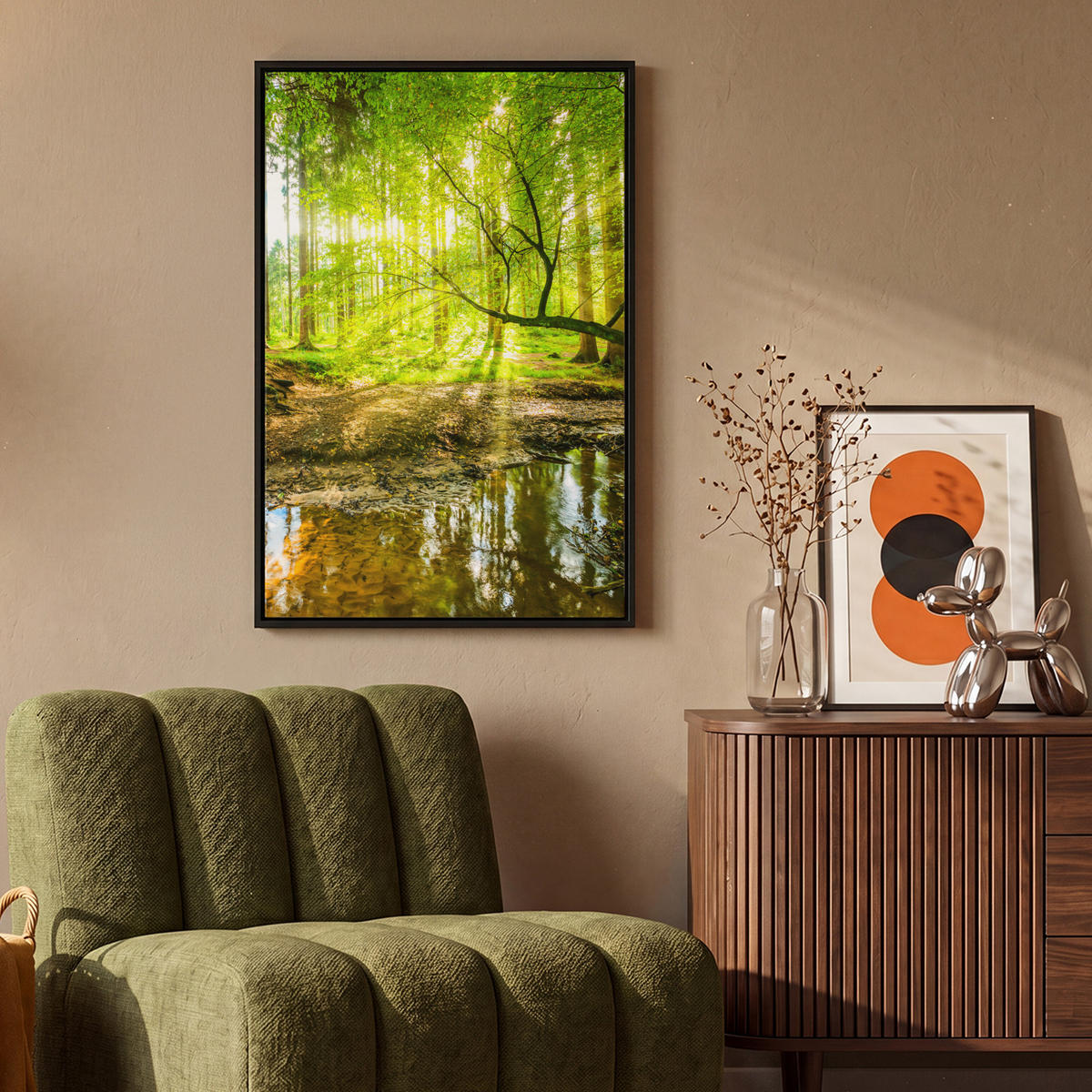 LEINWAND Bilder mit Rahmen - Wald - Landschaft - Wasser - Bäume - Sonne - Grün - Natur - 60x90 - Grün, Textil (60/90cm) - MuchoWow