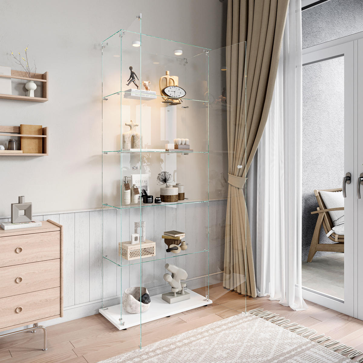VITRINE Glas, LED Touch, 5 Einlegeböden, 2 Türen, 78x34x186 cm, weiß - Weiß, Glas (78.51/186.5/34.5cm) - EuroLiving