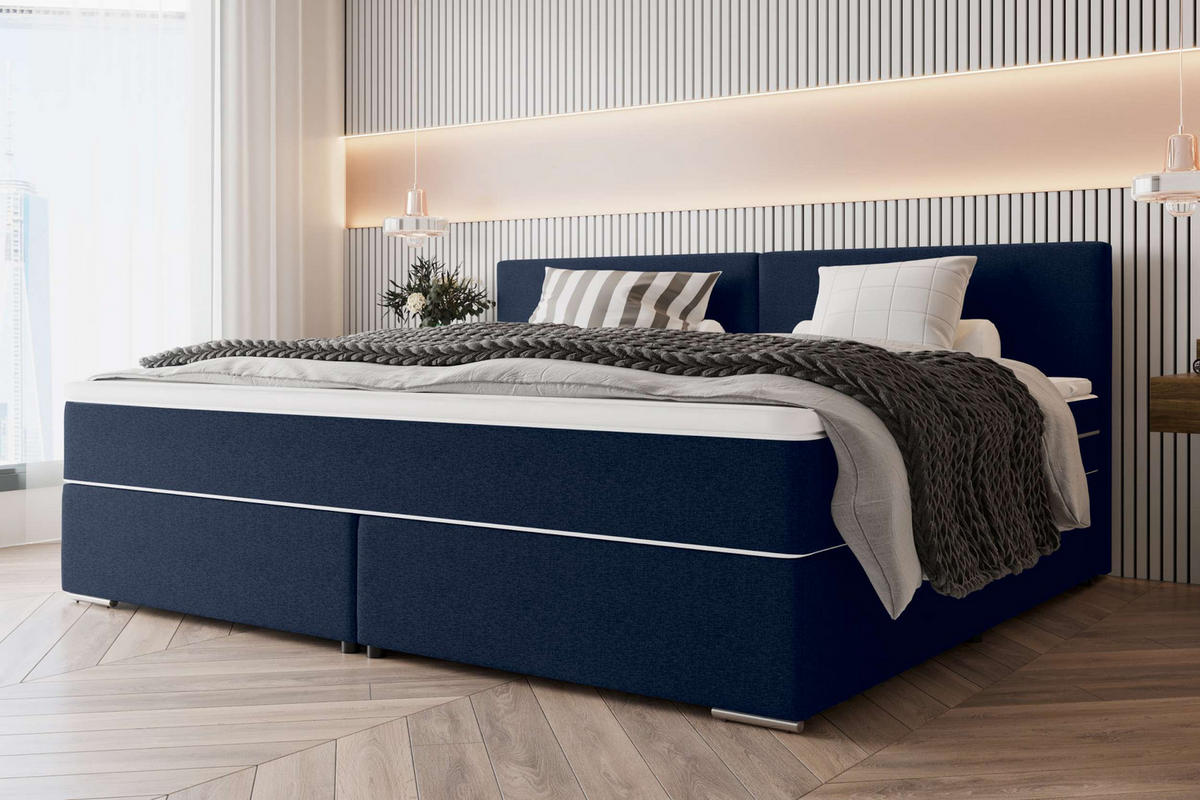 FAMILIENBETT BOXSPRINGBETT Webstoff Dunkelblau 240/200 cm - Chromfarben/Dunkelblau, Kunststoff/Textil (240/200cm) - 99rooms