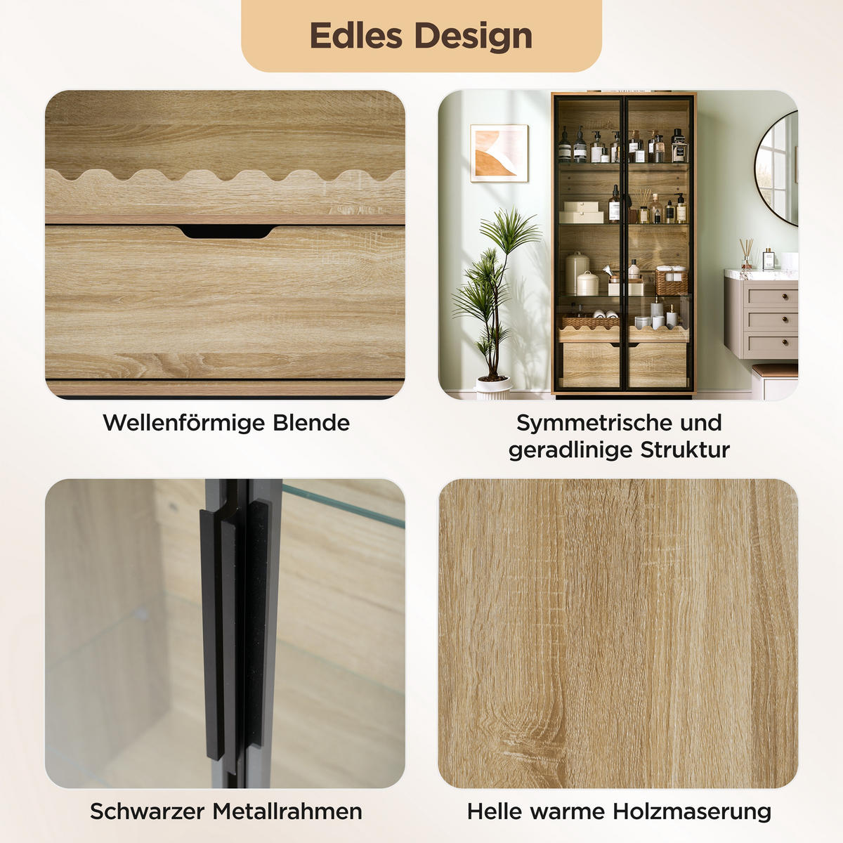 VITRINE in Naturfarben mit Glastür und Schublade für Wohnzimmer, B75/T35/H170,8 cm - Transparent/Naturfarben, Glas/Holzwerkstoff (75/170.8/35cm) - STILVORA