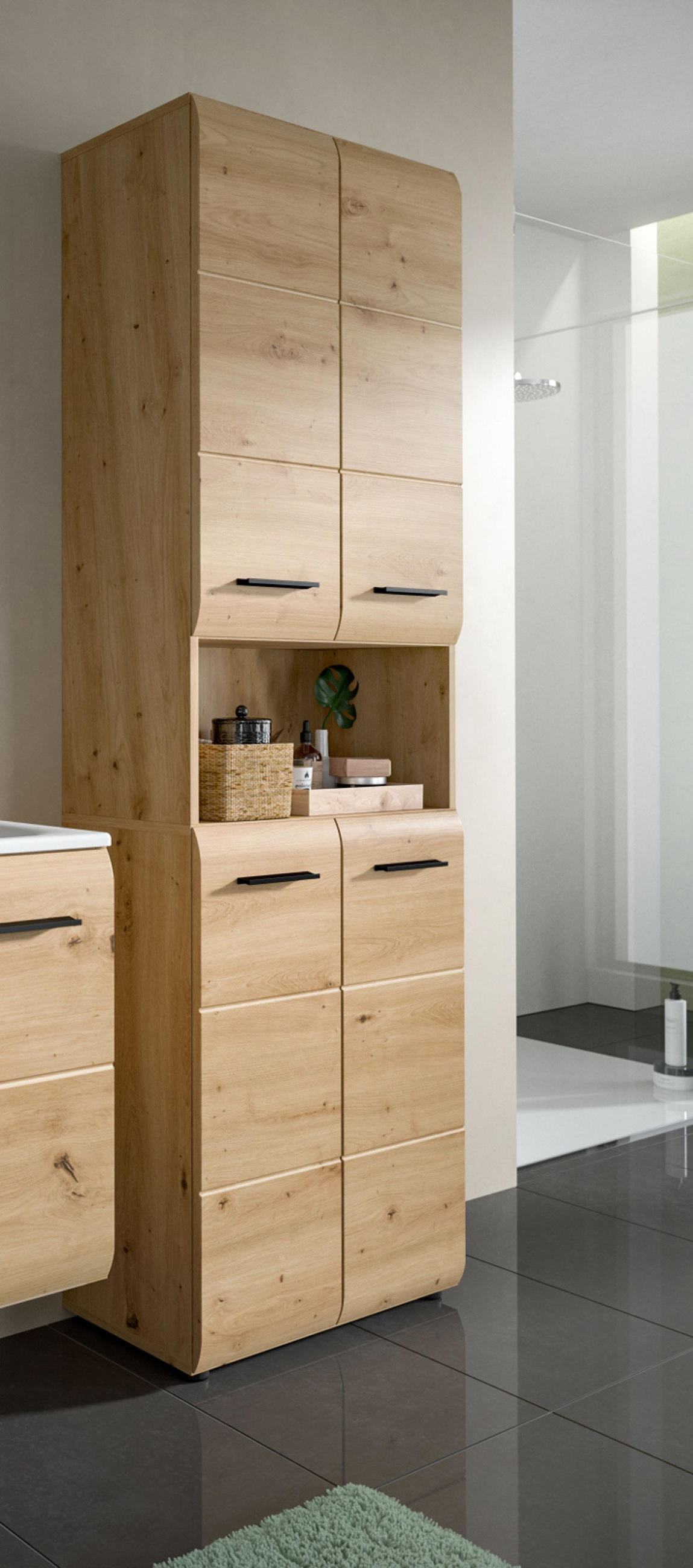 HOCHSCHRANK in Eiche Artisan, Badschrank 60 cm mit viel Stauraum, Cover - Schwarz/Eiche Artisan, Holzwerkstoff/Kunststoff (60/185/30cm) - Inn.Furn