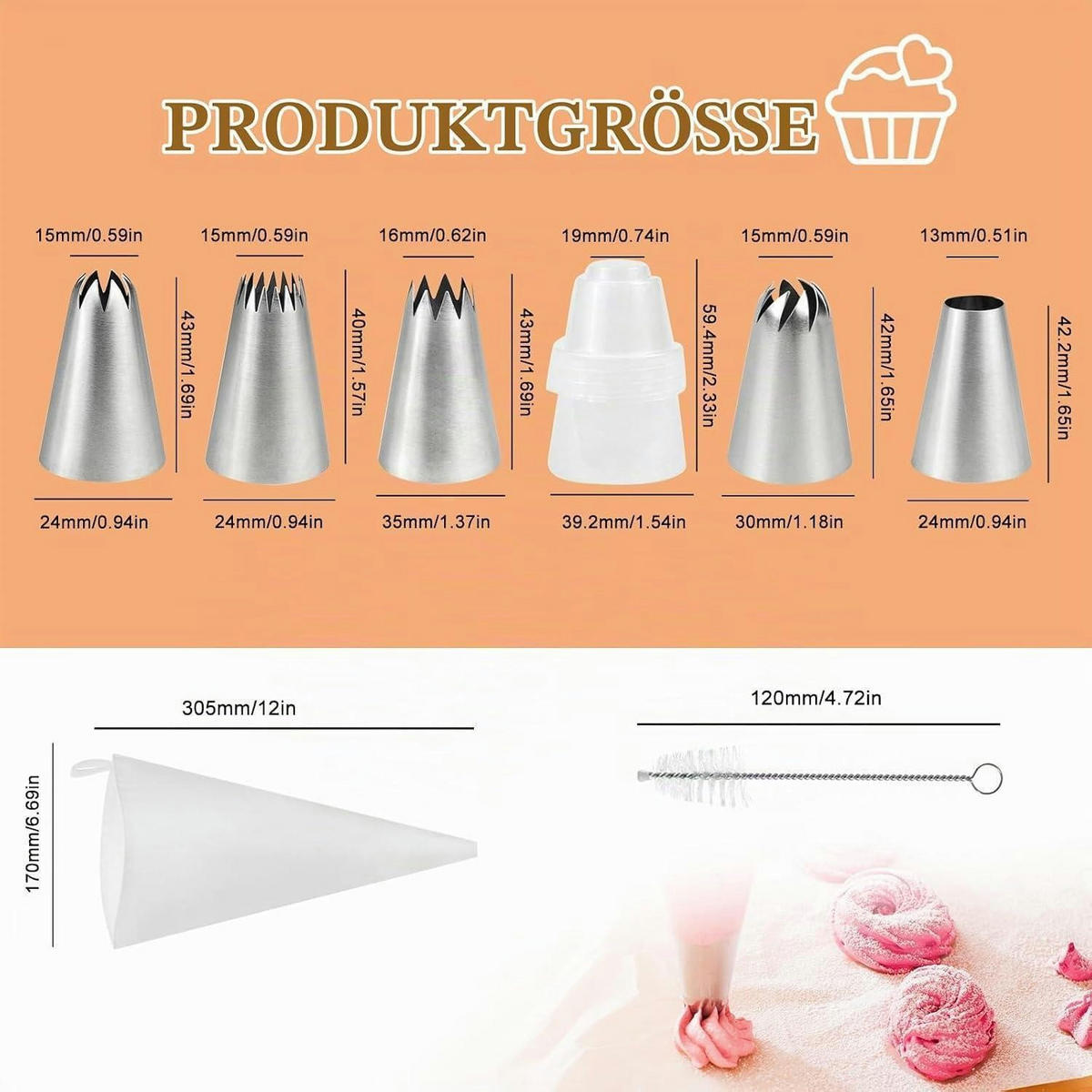 SPRITZBEUTEL-SET mit 5 Edelstahl-Tüllen und Adapter - Weiß, Metall (17/5.9/30.5cm)