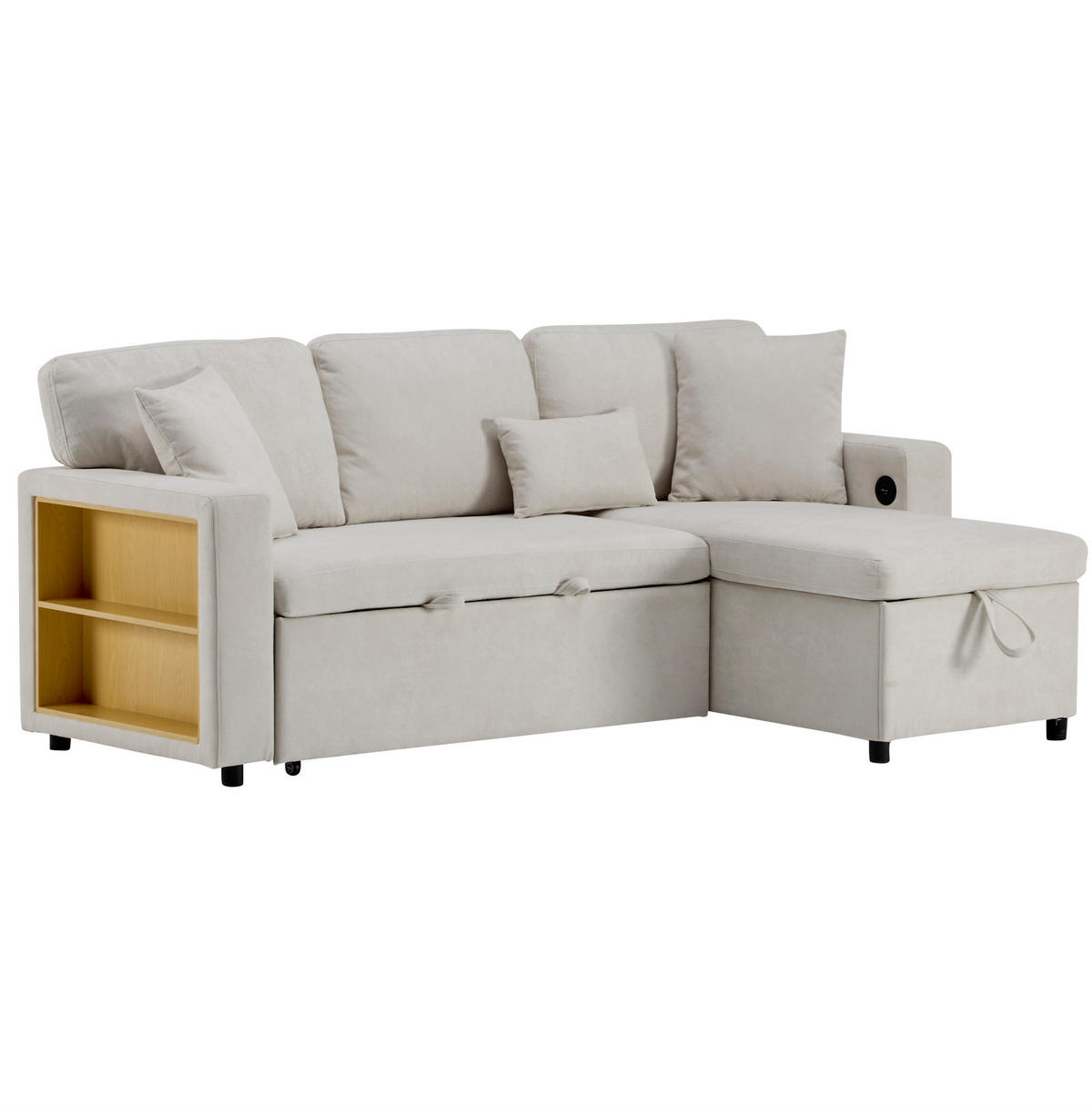ECKSOFA L-Form Schlafcouch mit Stauraum und USB-Anschluss Samt Beige 214/131/87 cm - Beige, Textil (214/131cm) - OKWISH