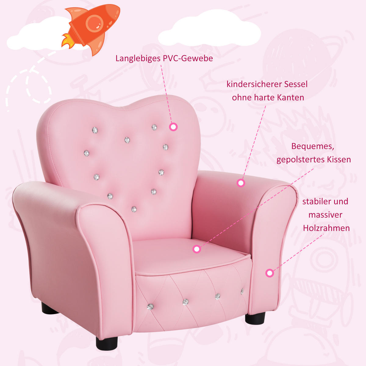 KINDERSEESSEL, Rosa, PVC, Schaumstoff - Rosa, Kunststoff (41.5/49/59cm) - HOMCOM