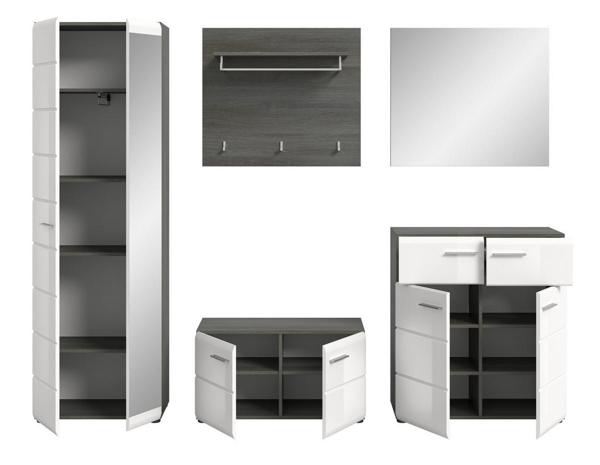 GARDEROBE Set 5-teilig weiß Hochglanz, grau 250 cm, Komplettset mit viel Stauraum - Weiß Hochglanz/Silberfarben, Glas/Holzwerkstoff (250/192/37cm) - Inn.Furn